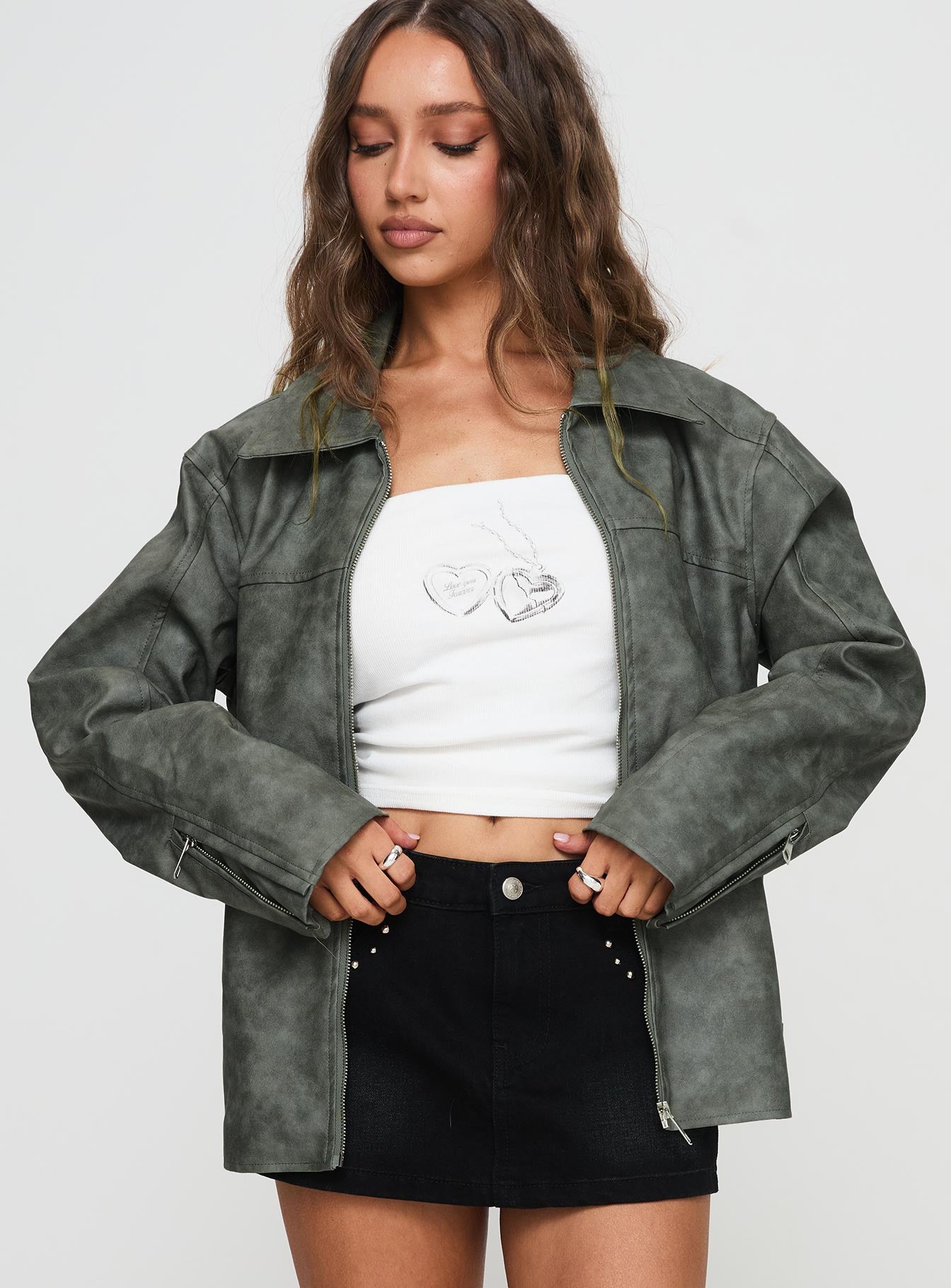 Kings Court Faux Leather Jacket Green-Oh Mollys