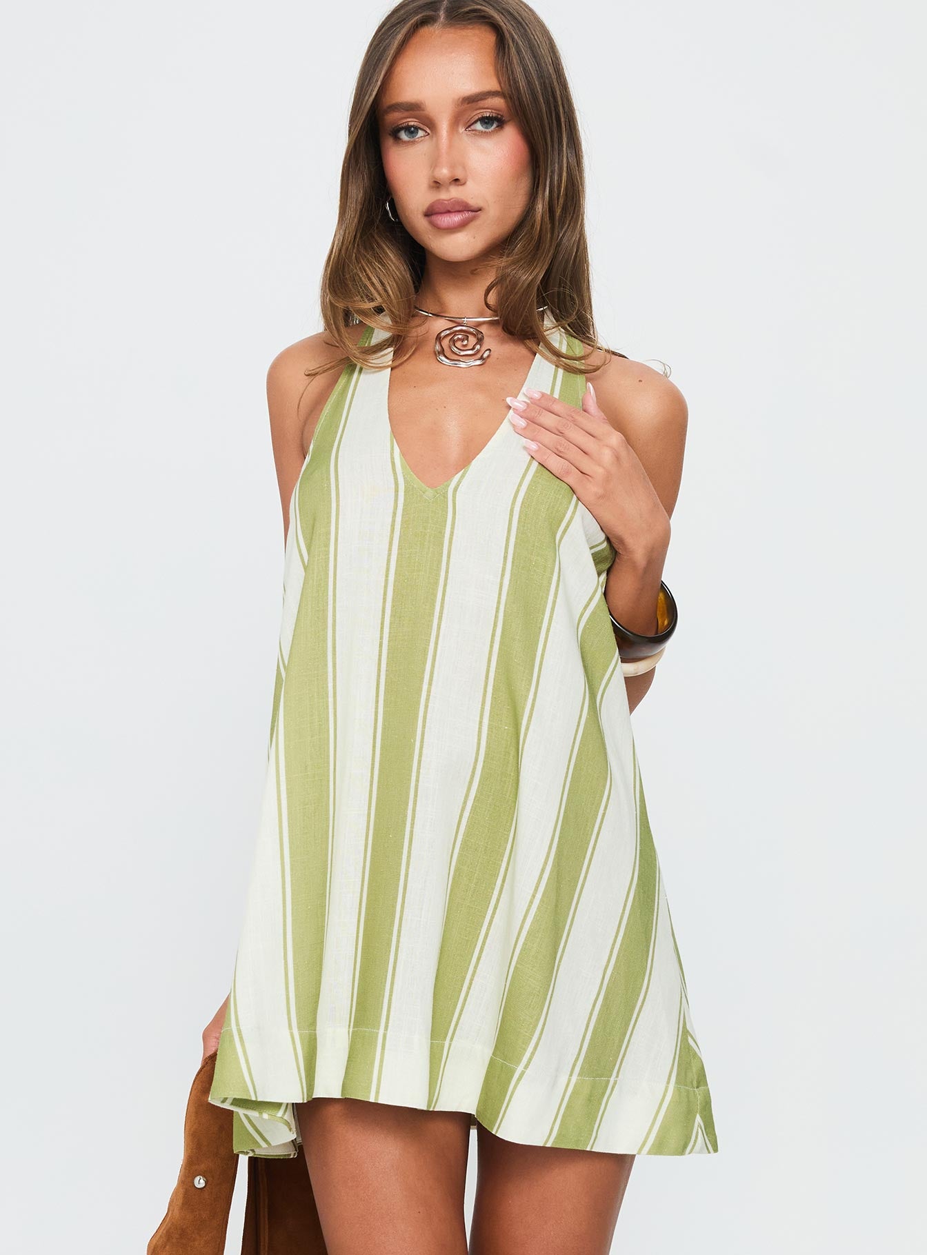 Khaia Halter Mini Dress Green / Cream Stripe-Oh Mollys