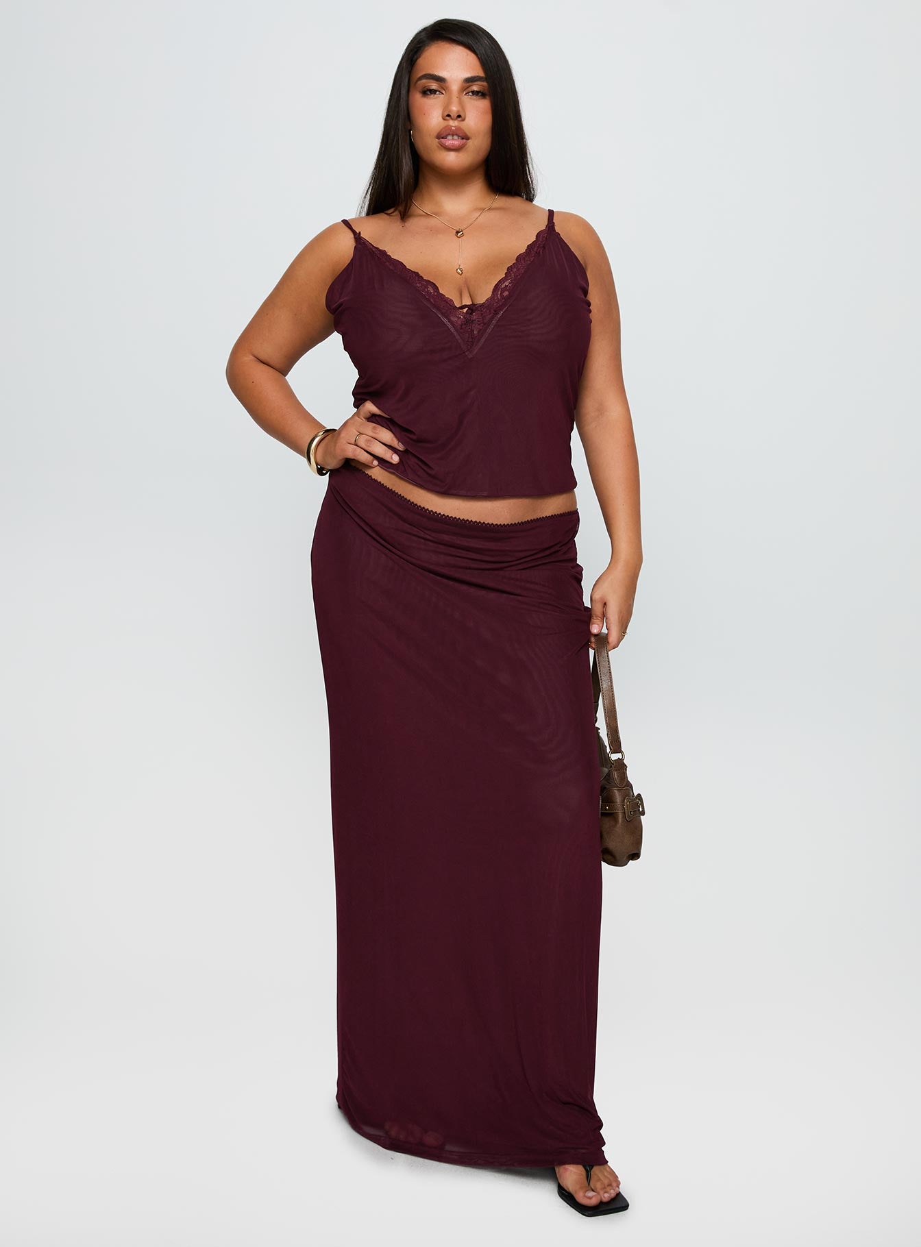 Reiko Lace Trim Tie Front Maxi Set Burgundy Curve-Oh Mollys