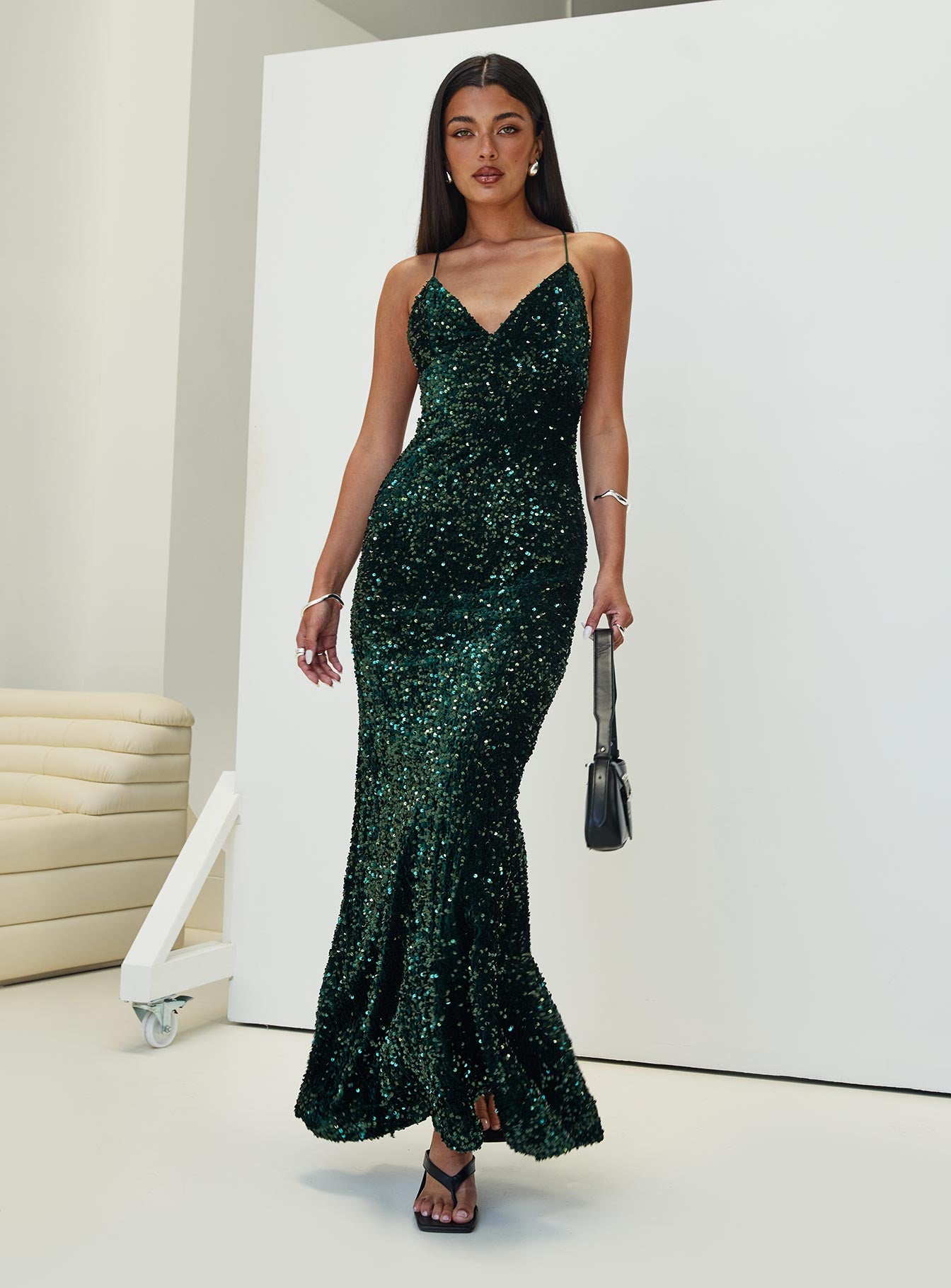 Charlette Sparkle Maxi Dress Dark Green-Oh Mollys