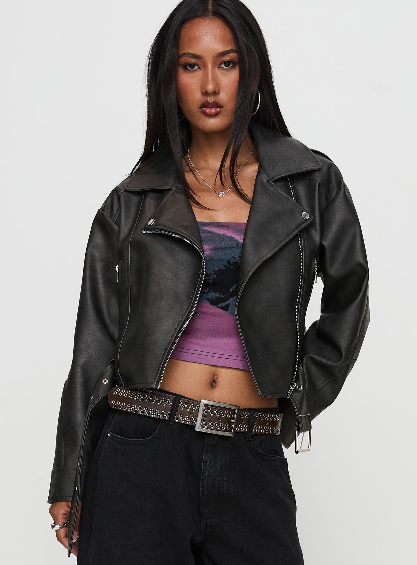 Face The Wind Faux Leather Jacket Grey-Oh Mollys