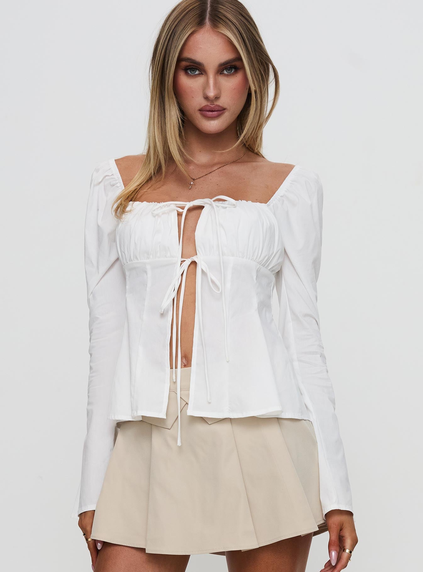 Lilibette Tie Up Long Sleeve Top White-Oh Mollys