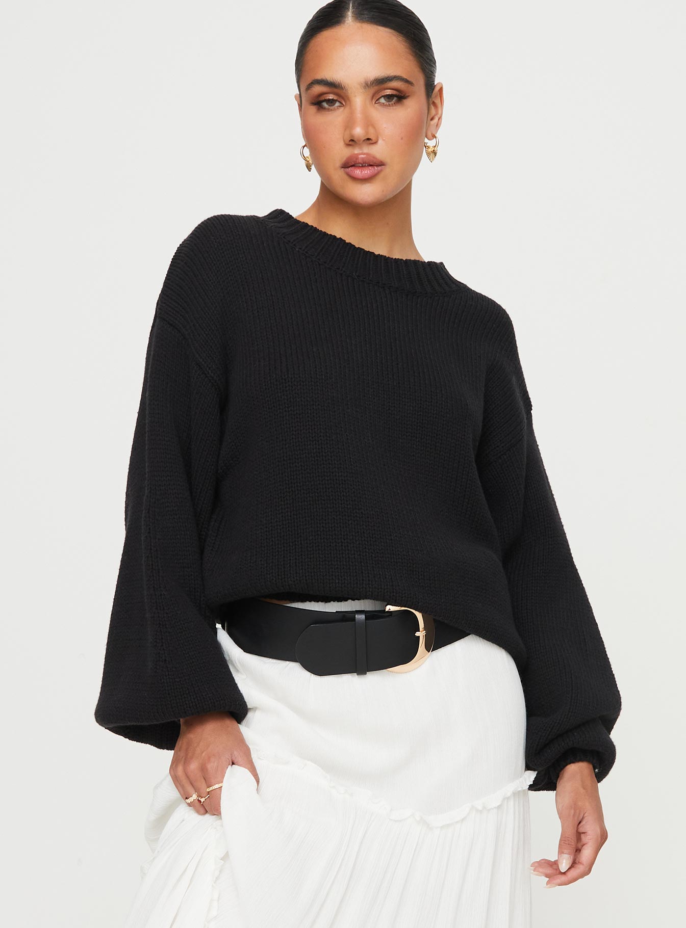 Harmony Balloon Sleeve Knit Sweater Black-Oh Mollys