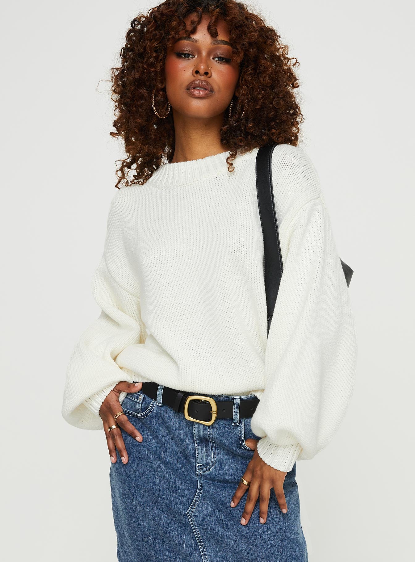 Harmony Balloon Sleeve Knit Sweater White-Oh Mollys