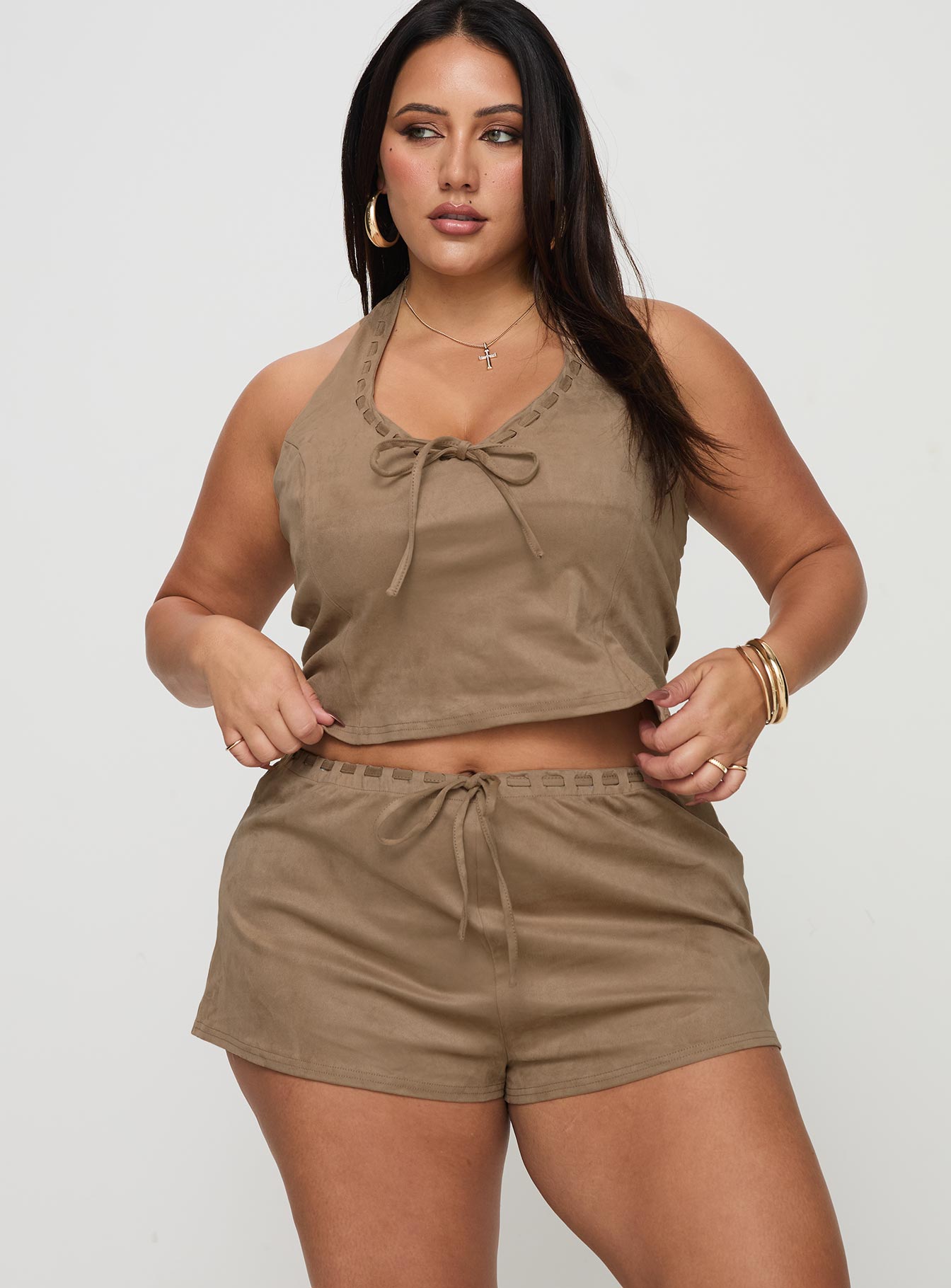 Eternal Youth Faux Suede Short Taupe Curve-Oh Mollys