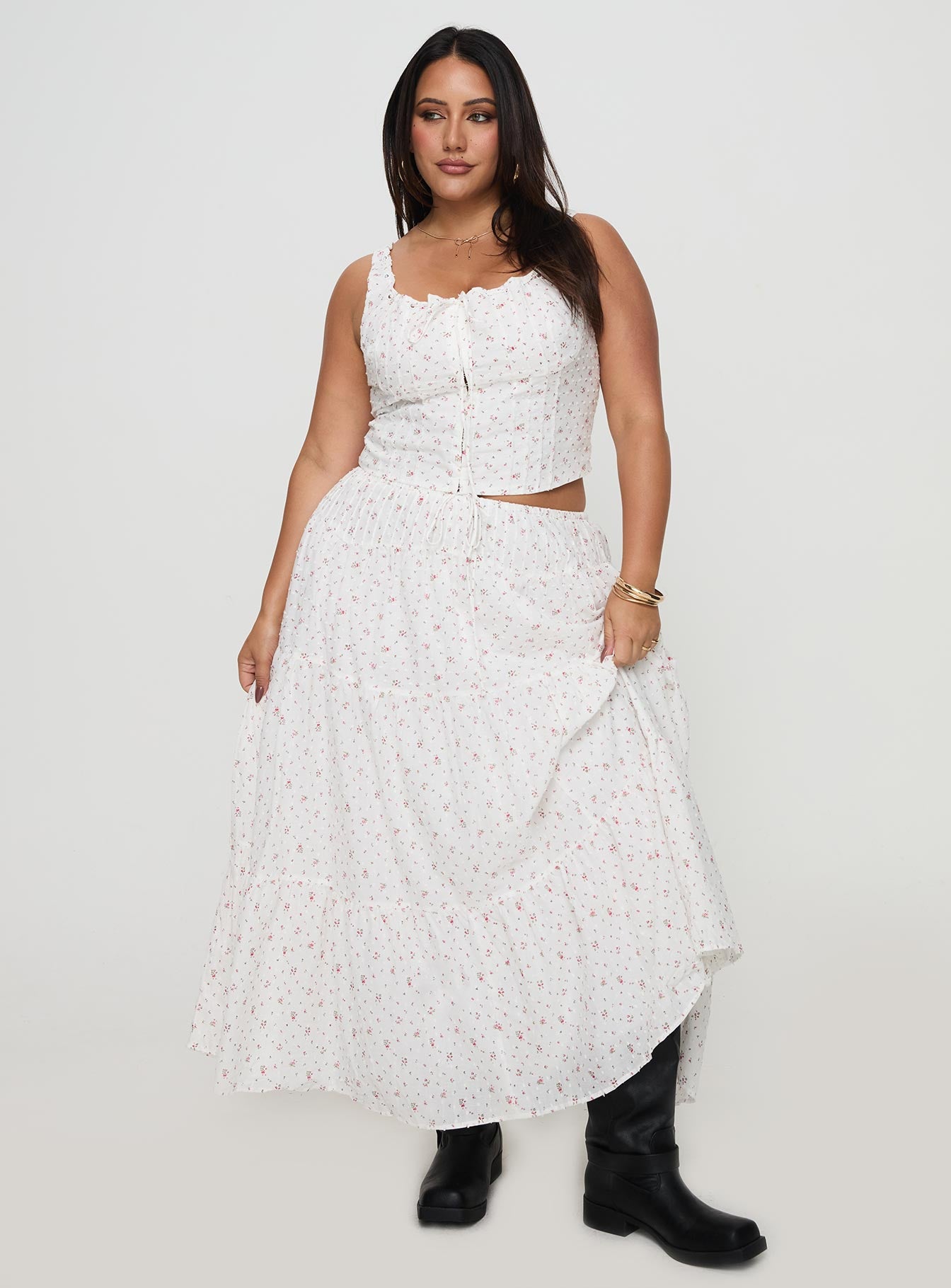 Cherry On Top Maxi Skirt White Floral Curve-Oh Mollys