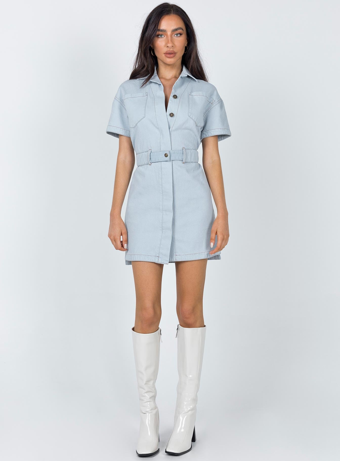 Chateau Denim Mini Dress Light Wash-Oh Mollys