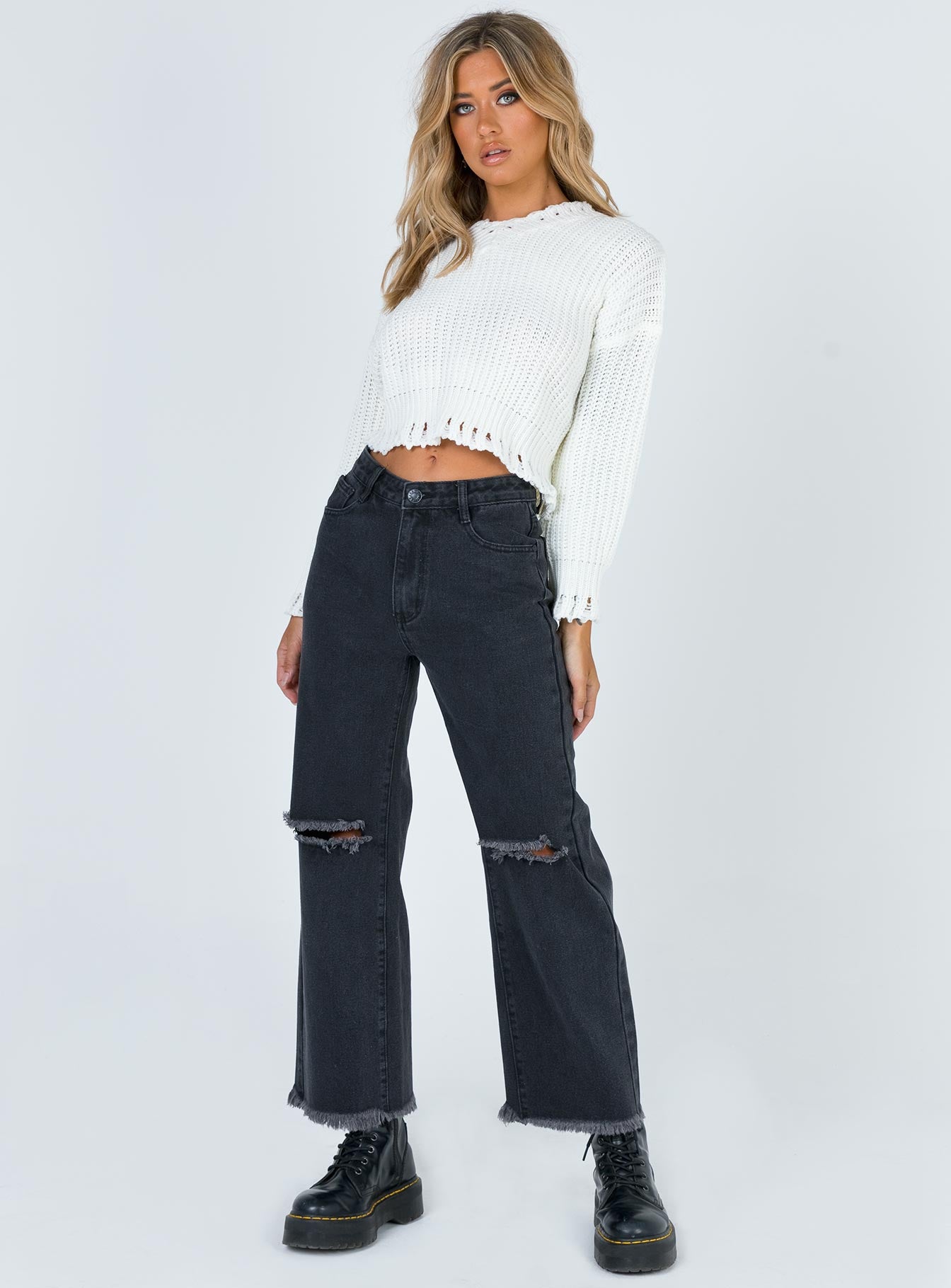 Cece Hammer Wide Leg Knee Rip Jeans Black Denim-Oh Mollys