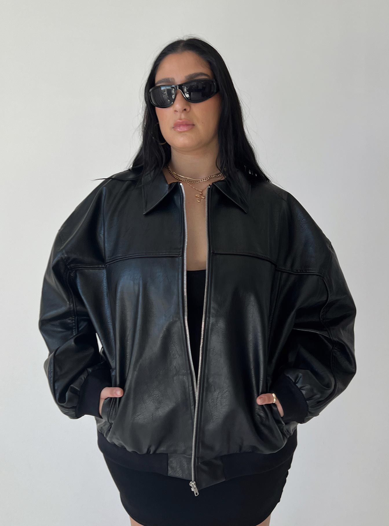 Goldsmith PU Bomber Jacket Black Curve-Oh Mollys