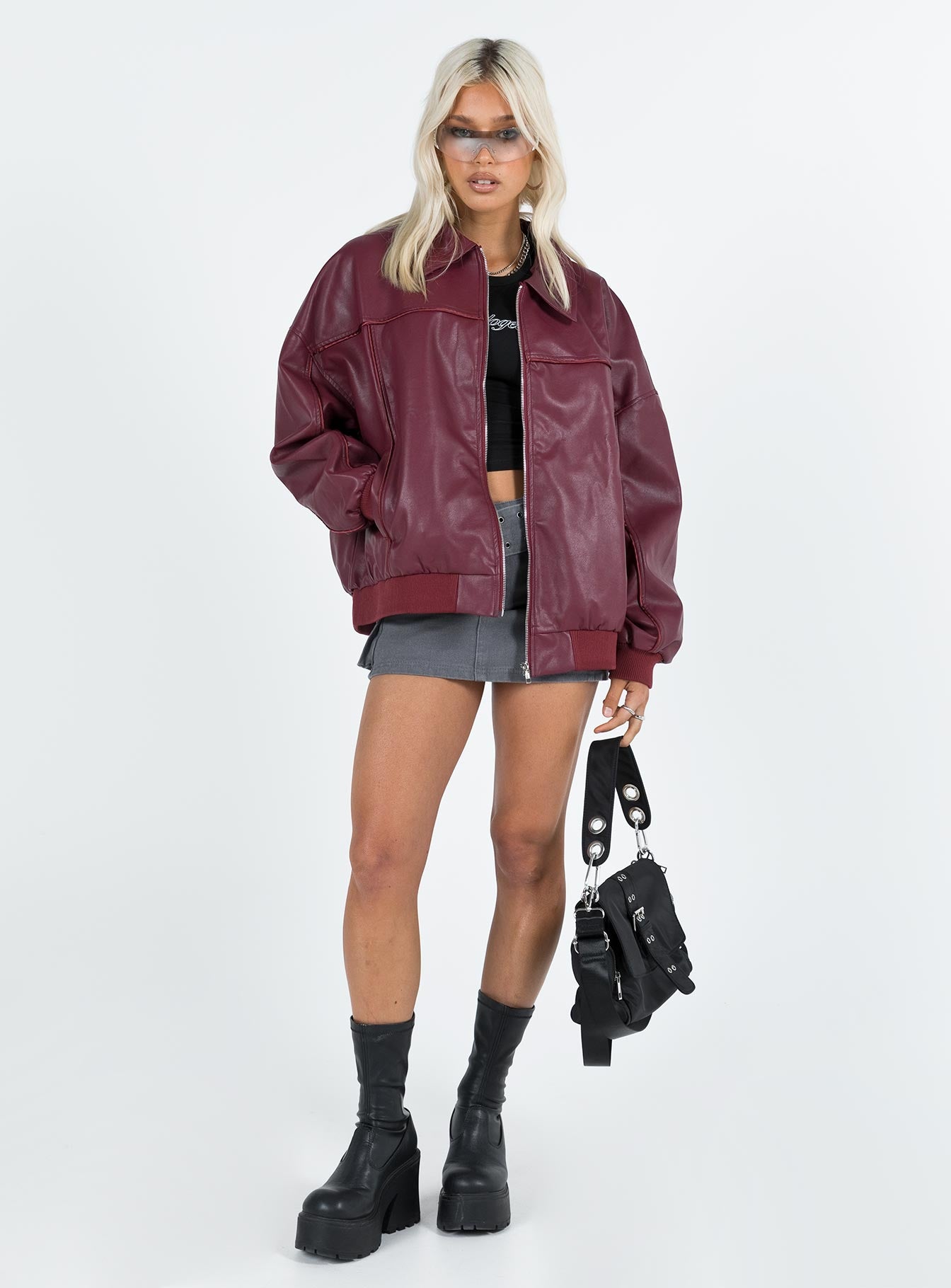 Goldsmith Faux Leather Bomber Jacket Burgundy-Oh Mollys