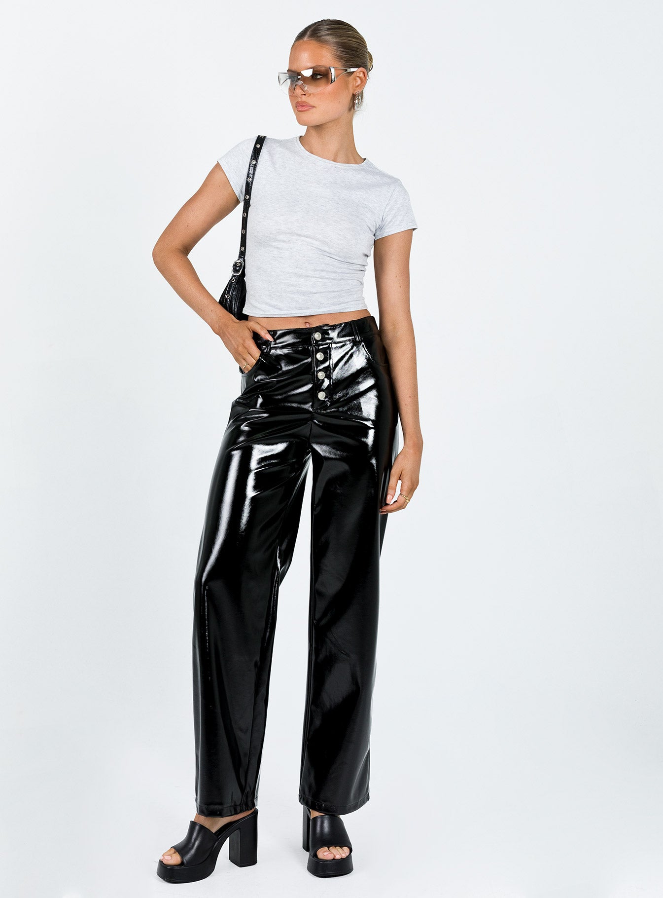 Renni Low Rise Vinyl Pants Black-Oh Mollys