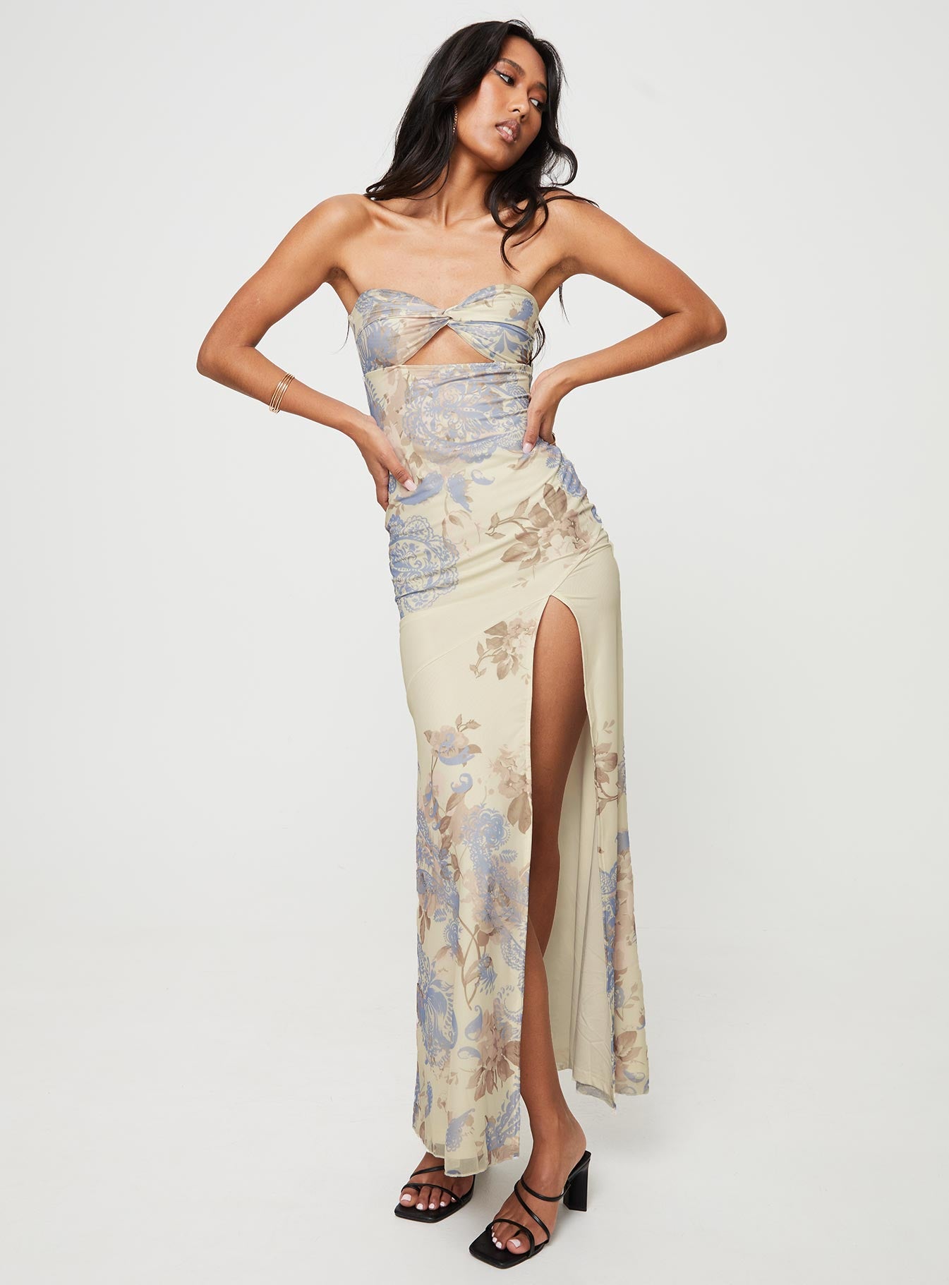 Kyanne High Split Maxi Dress Cream Multi-Oh Mollys