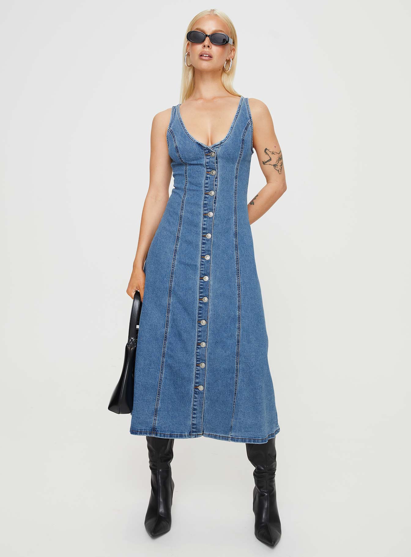 Midler Denim Midi Dress Mid Blue-Oh Mollys