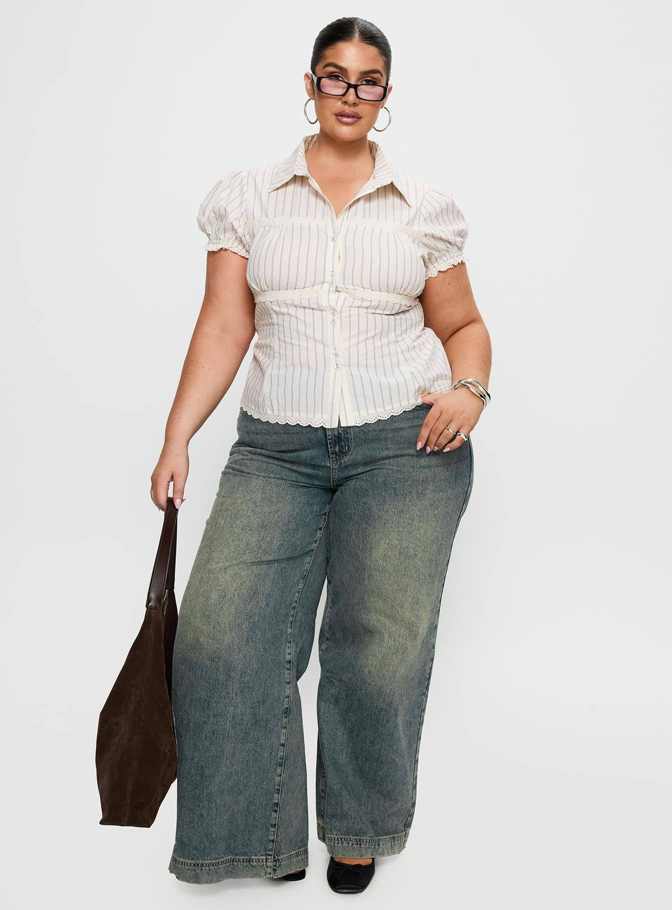 Deserve You Puff Sleeve Button Front Top Cream Stripe Curve-Oh Mollys