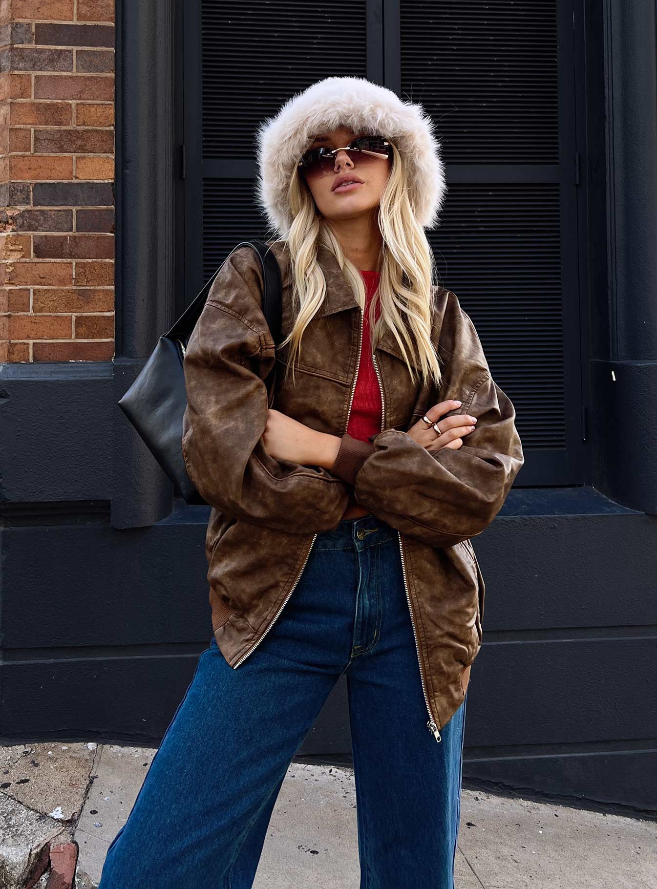 Goldsmith Faux Leather Bomber Jacket Washed Brown-Oh Mollys