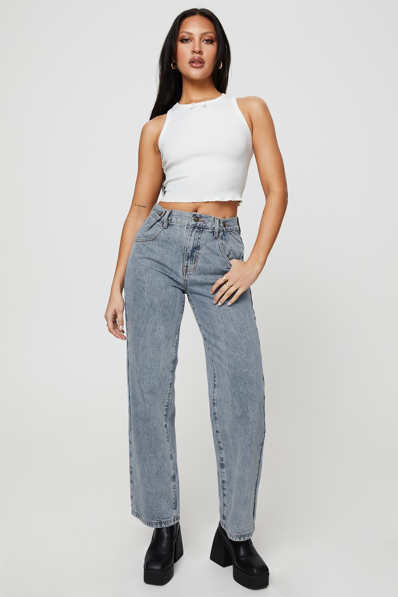 Krena Adjustable High Mid Rise Jeans Mid Wash-Oh Mollys