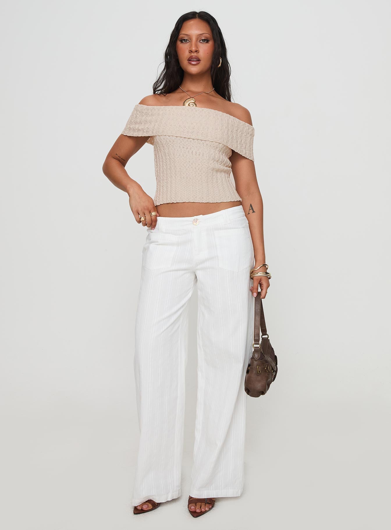 Murmur Off Shoulder Top Beige-Oh Mollys