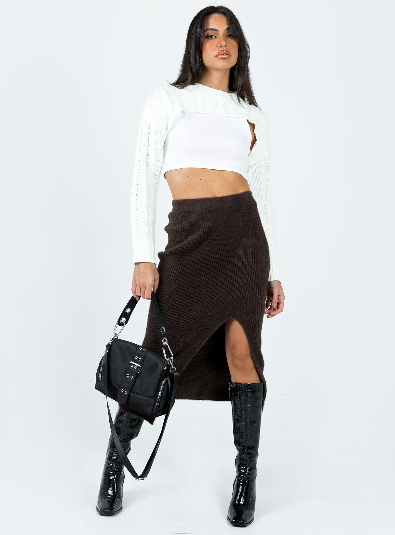 Ella Brooke Knit Midi Skirt Brown-Oh Mollys