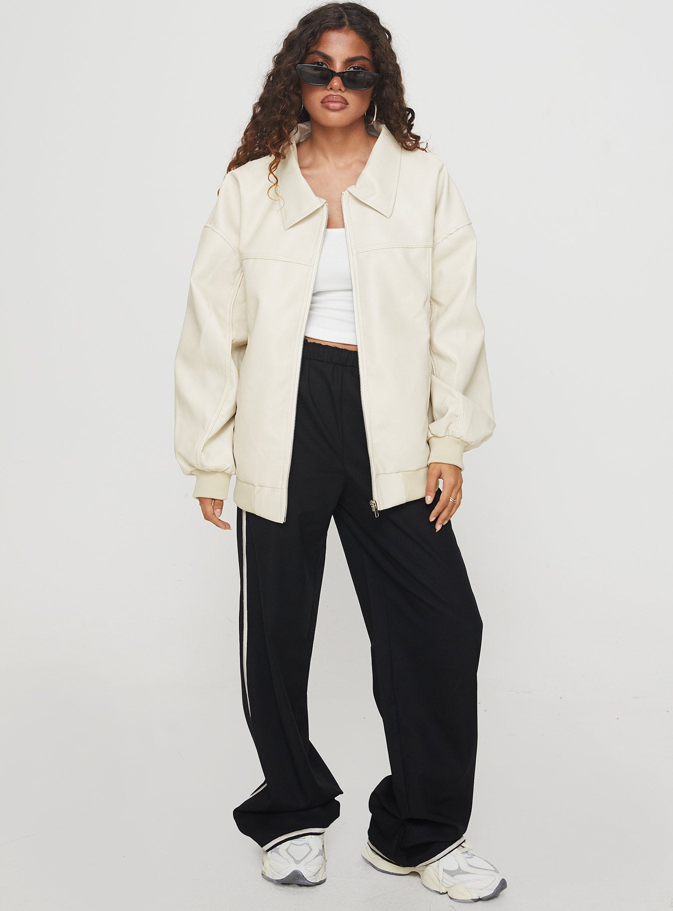 Goldsmith Faux Leather Bomber Jacket Cream-Oh Mollys