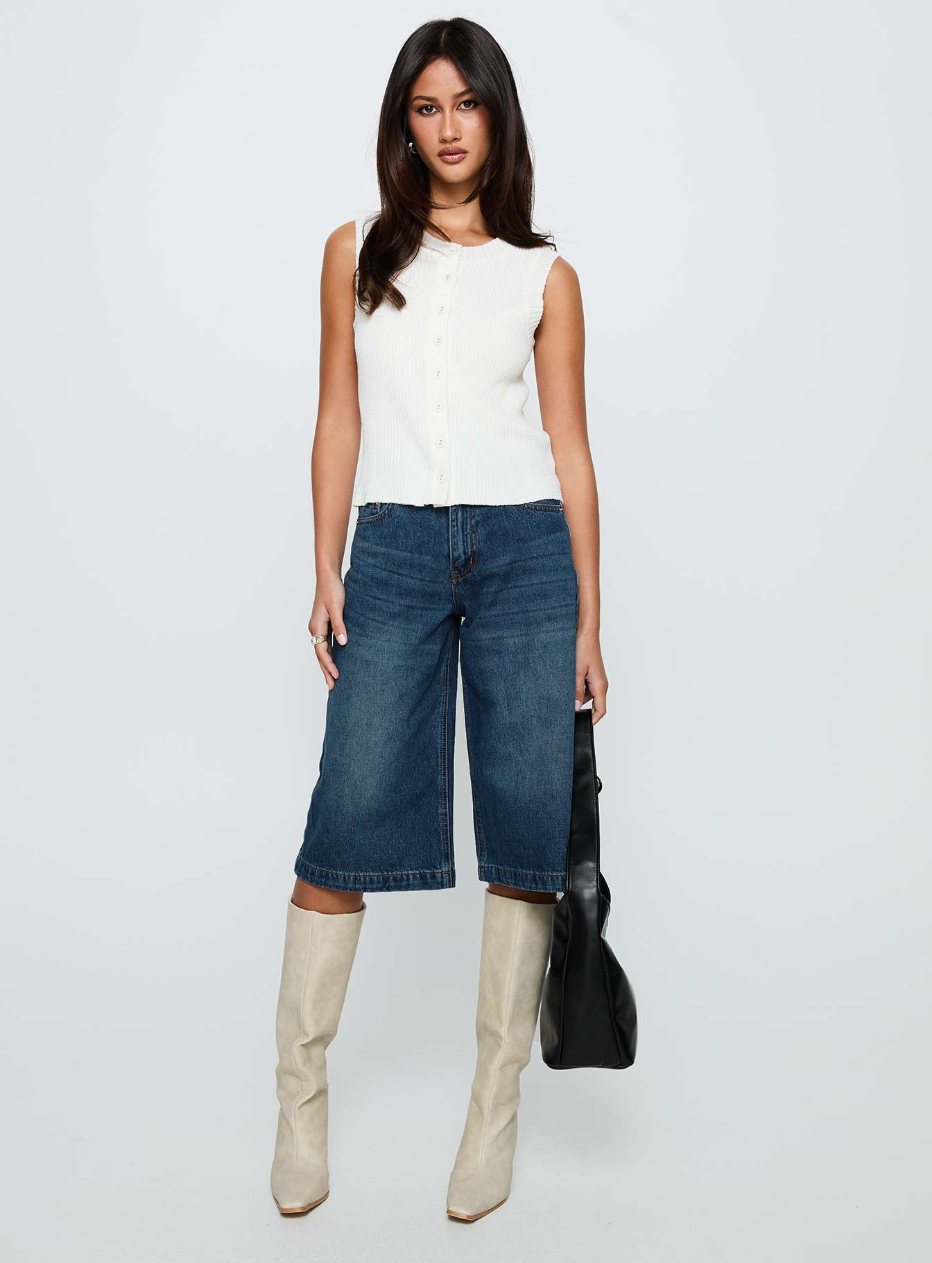 Simie Button Front Rib Top White-Oh Mollys