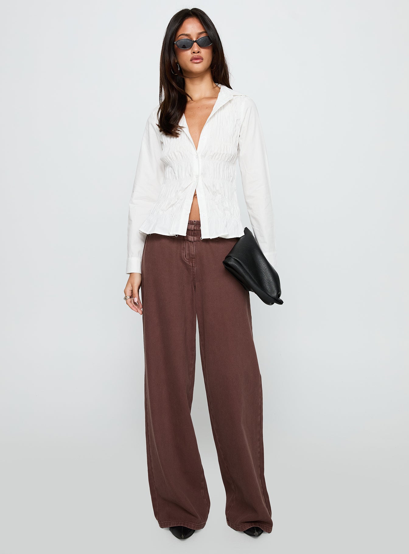 Cultivate Shirred Long Sleeve Top White-Oh Mollys