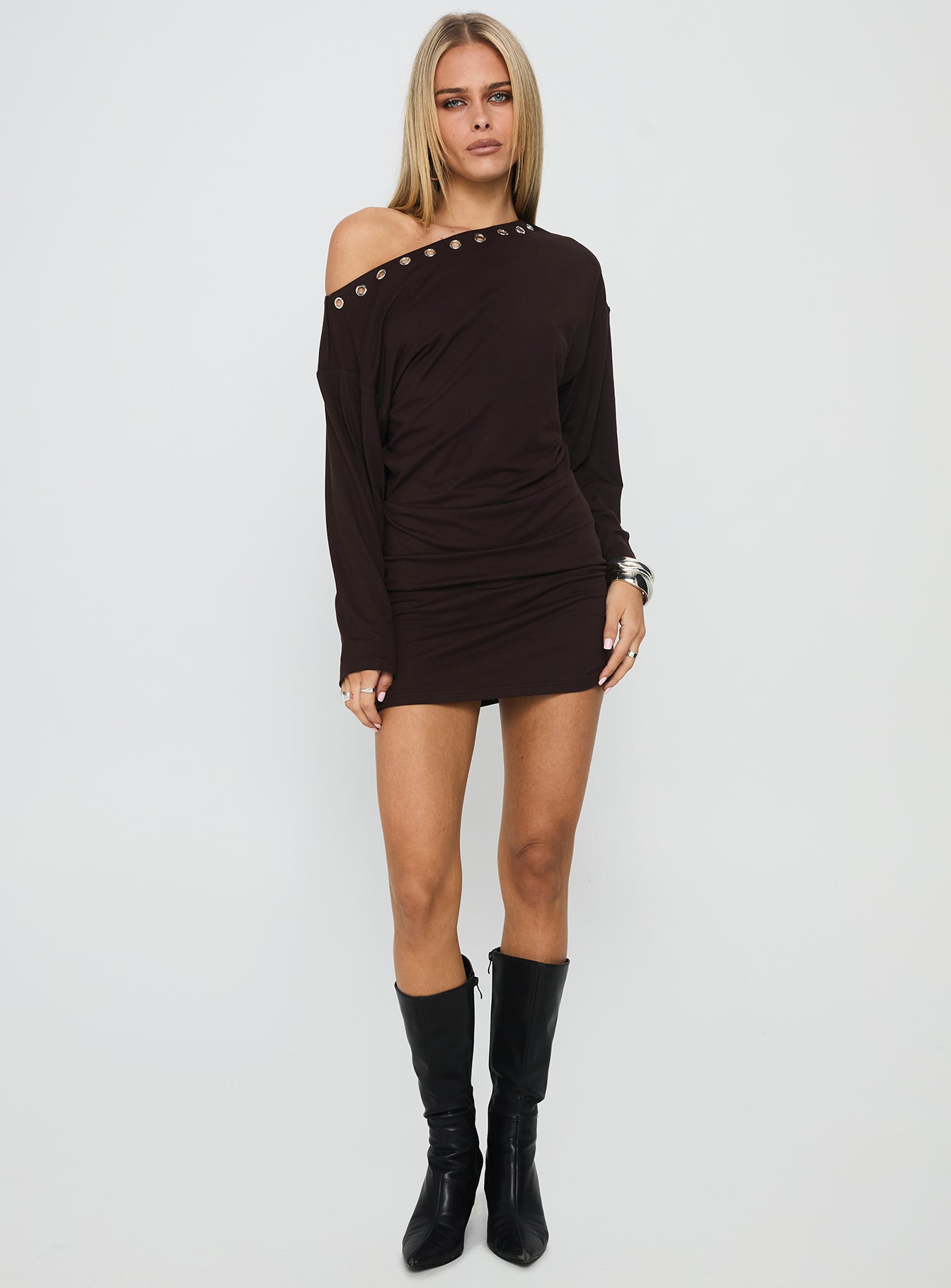 Sakaia Long Sleeve Eyelet Mini Dress Brown-Oh Mollys
