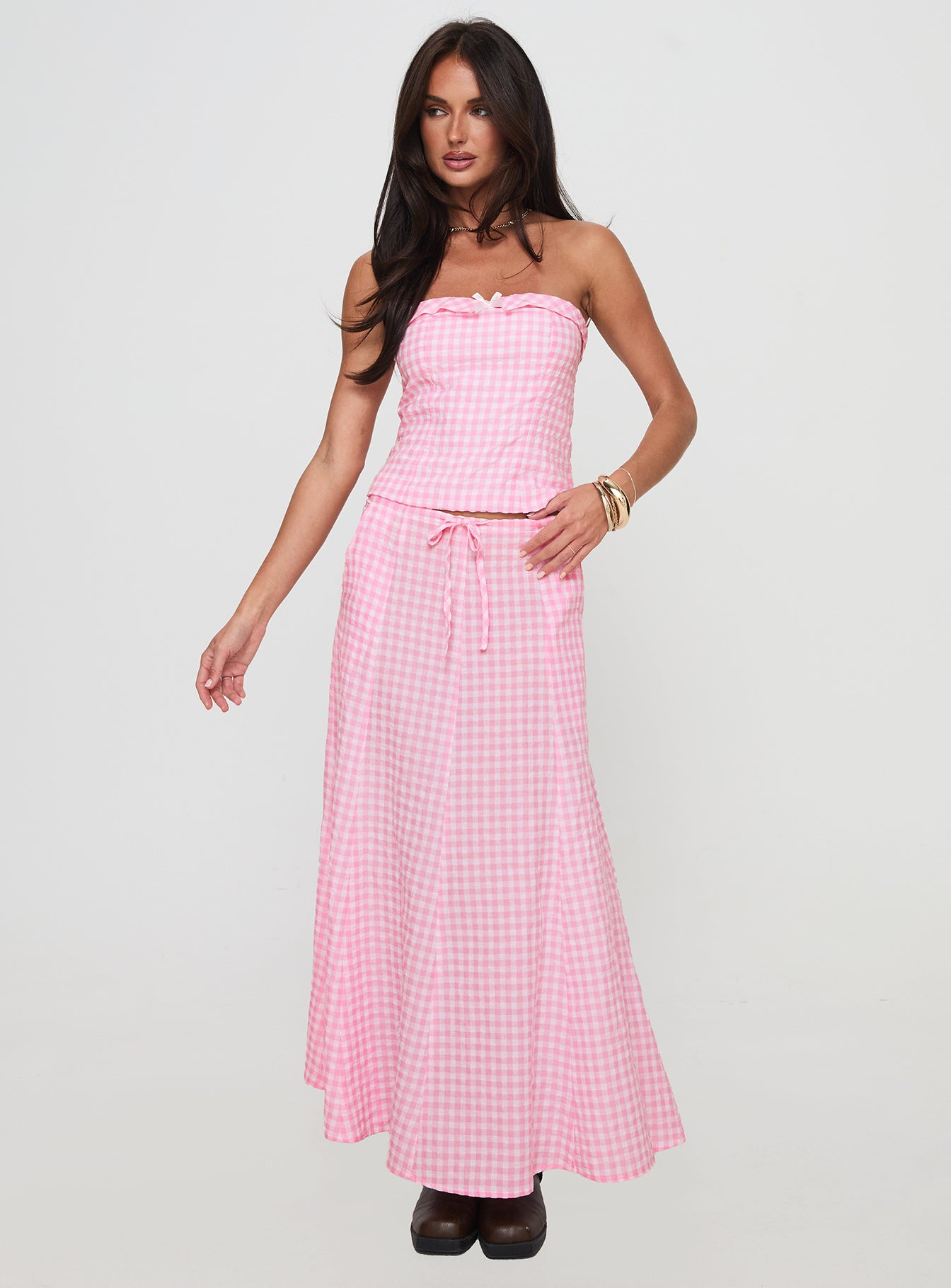 Carmino Strapless Top Pink Check-Oh Mollys