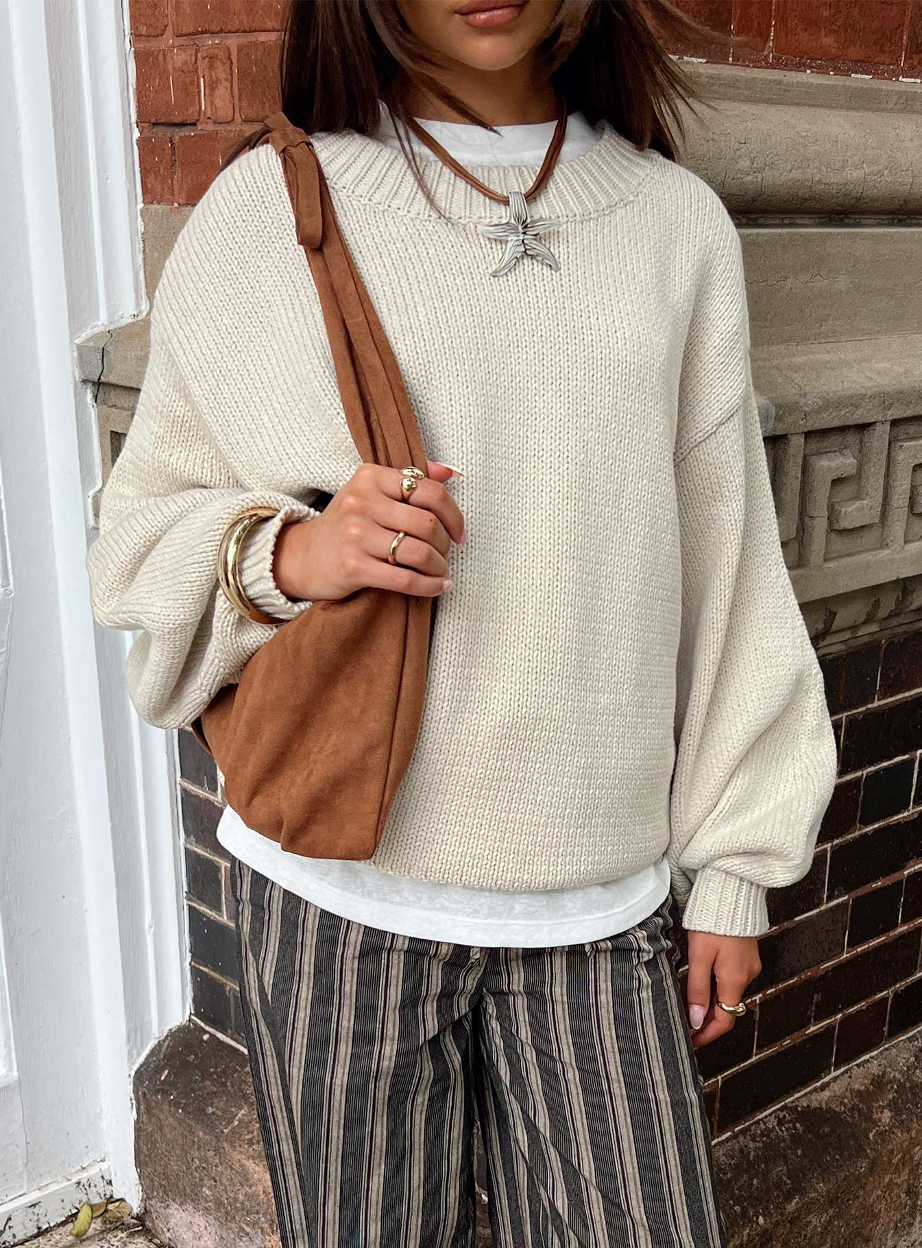 Harmony Balloon Sleeve Knit Sweater Beige-Oh Mollys