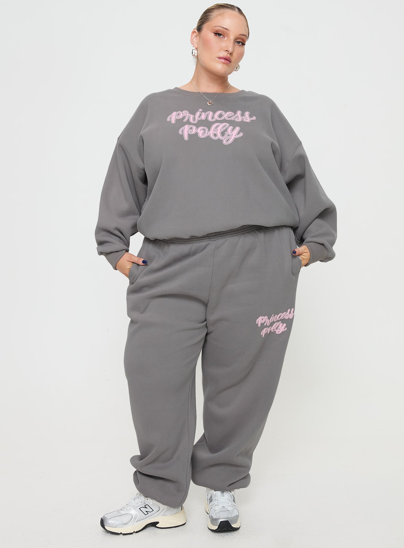 Oh Mollys Track Pants Puff Text Charcoal Curve-Oh Mollys