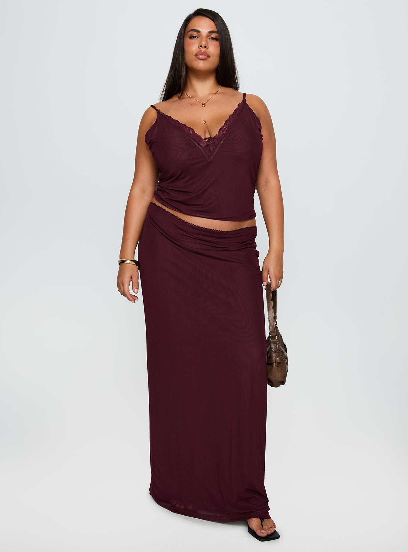 Reiko Lace Trim Tie Front Maxi Set Burgundy Curve-Oh Mollys