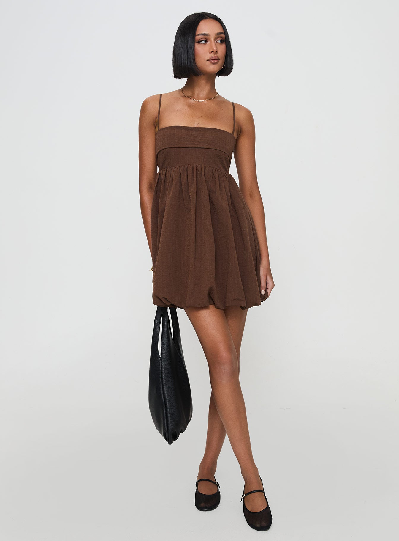 Layken Bubble Hem Mini Dress Chocolate-Oh Mollys