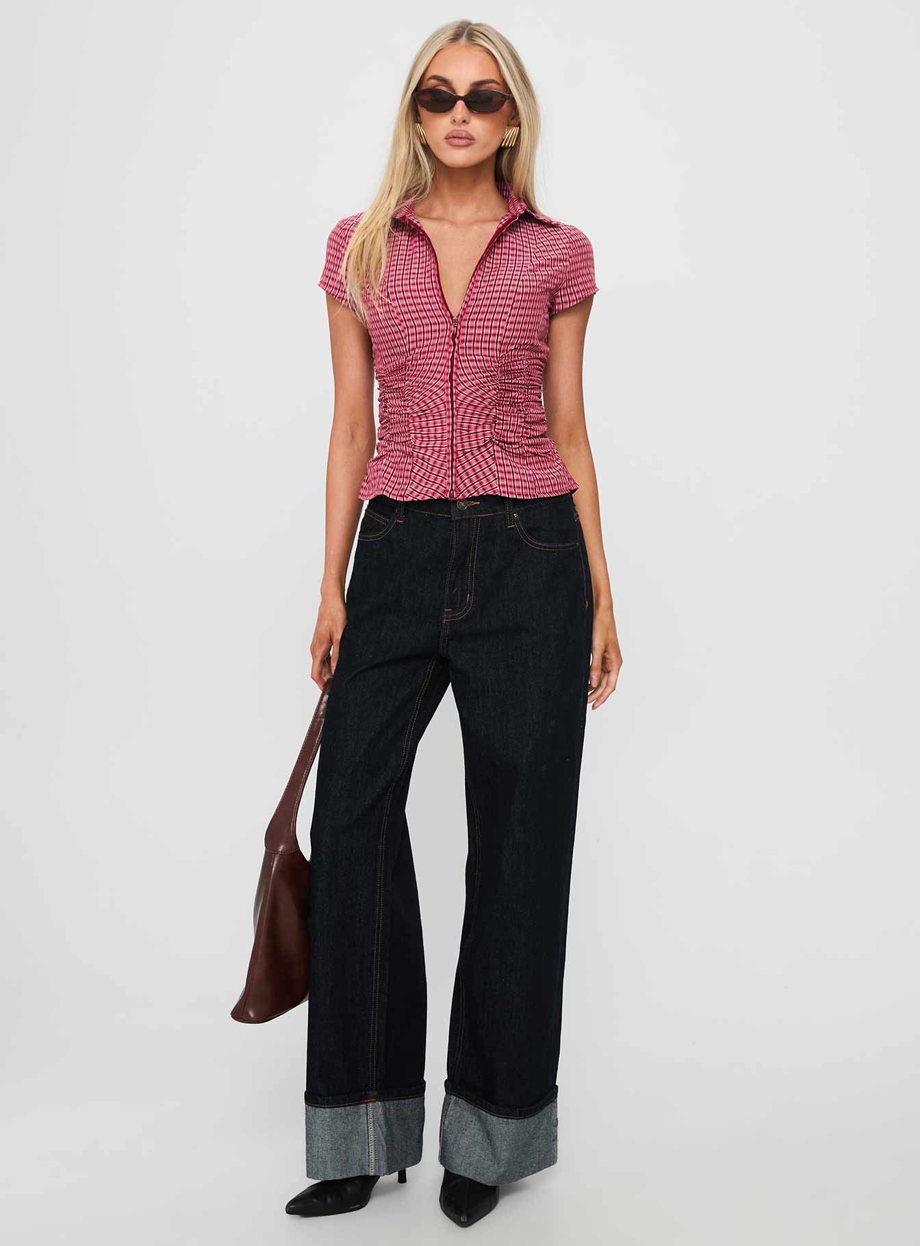 Meryn Ruched Top Red Check-Oh Mollys