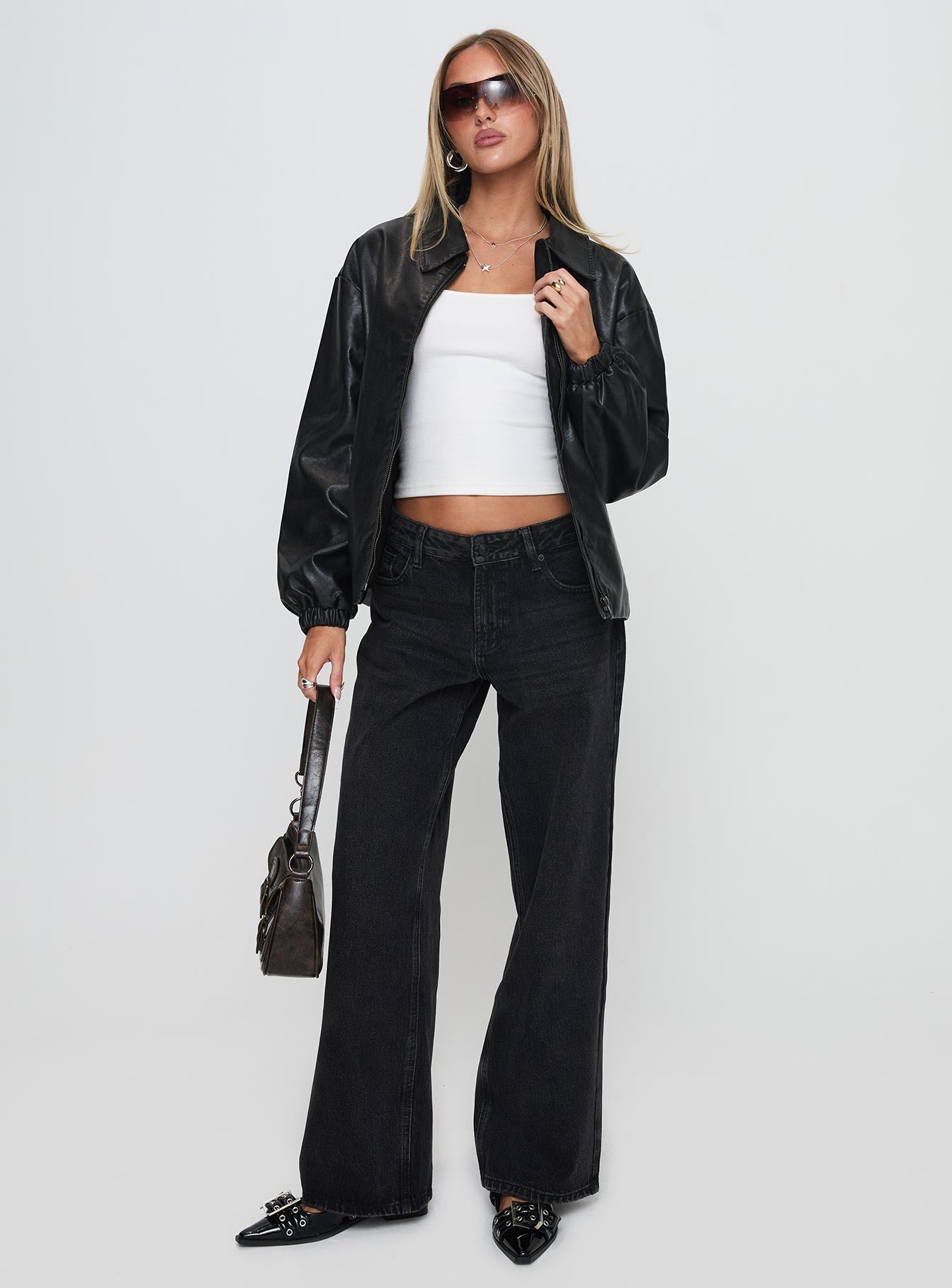 Missed Call Faux Leather Bomber Jacket Black-Oh Mollys