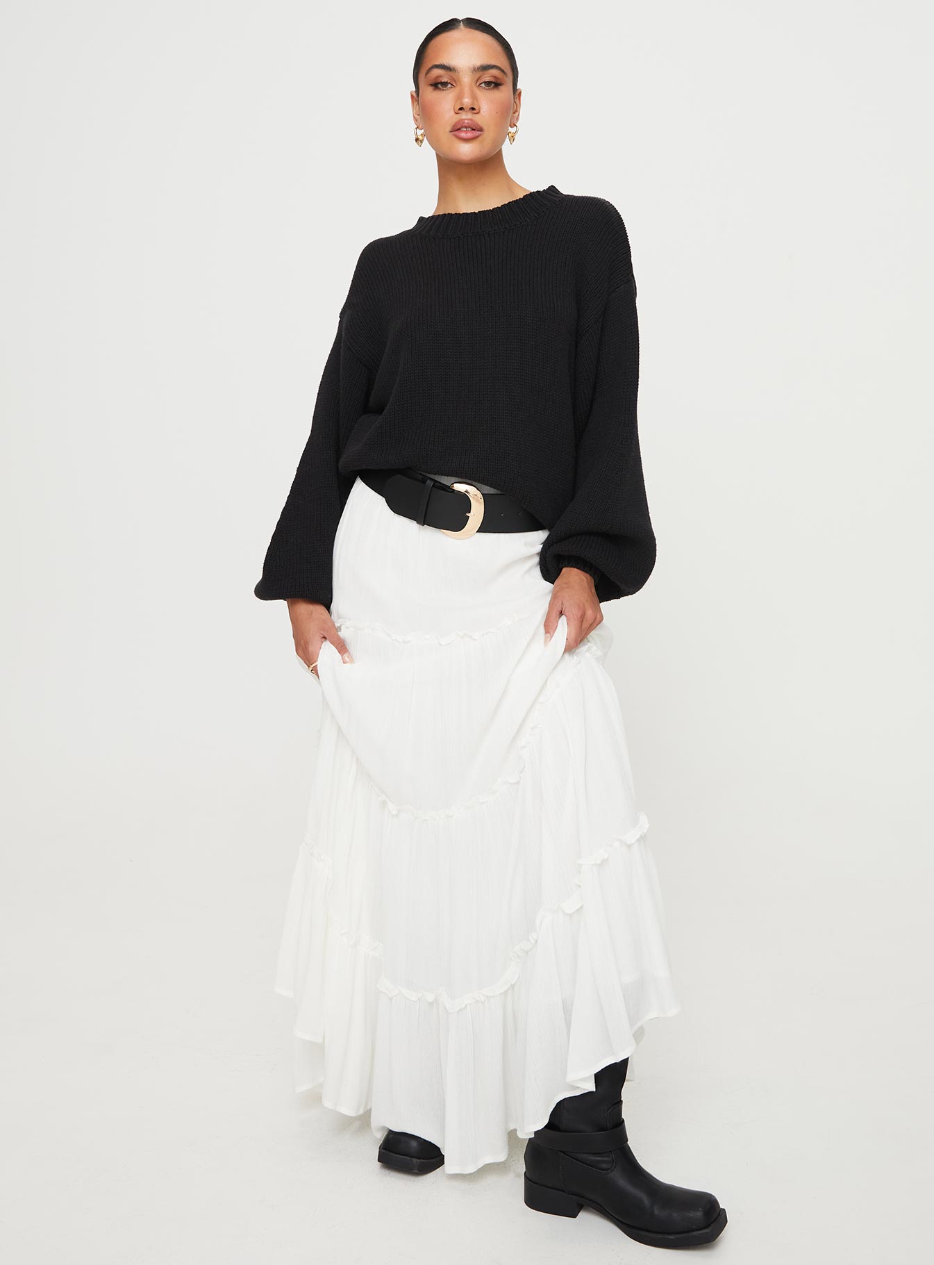 Harmony Balloon Sleeve Knit Sweater Black-Oh Mollys