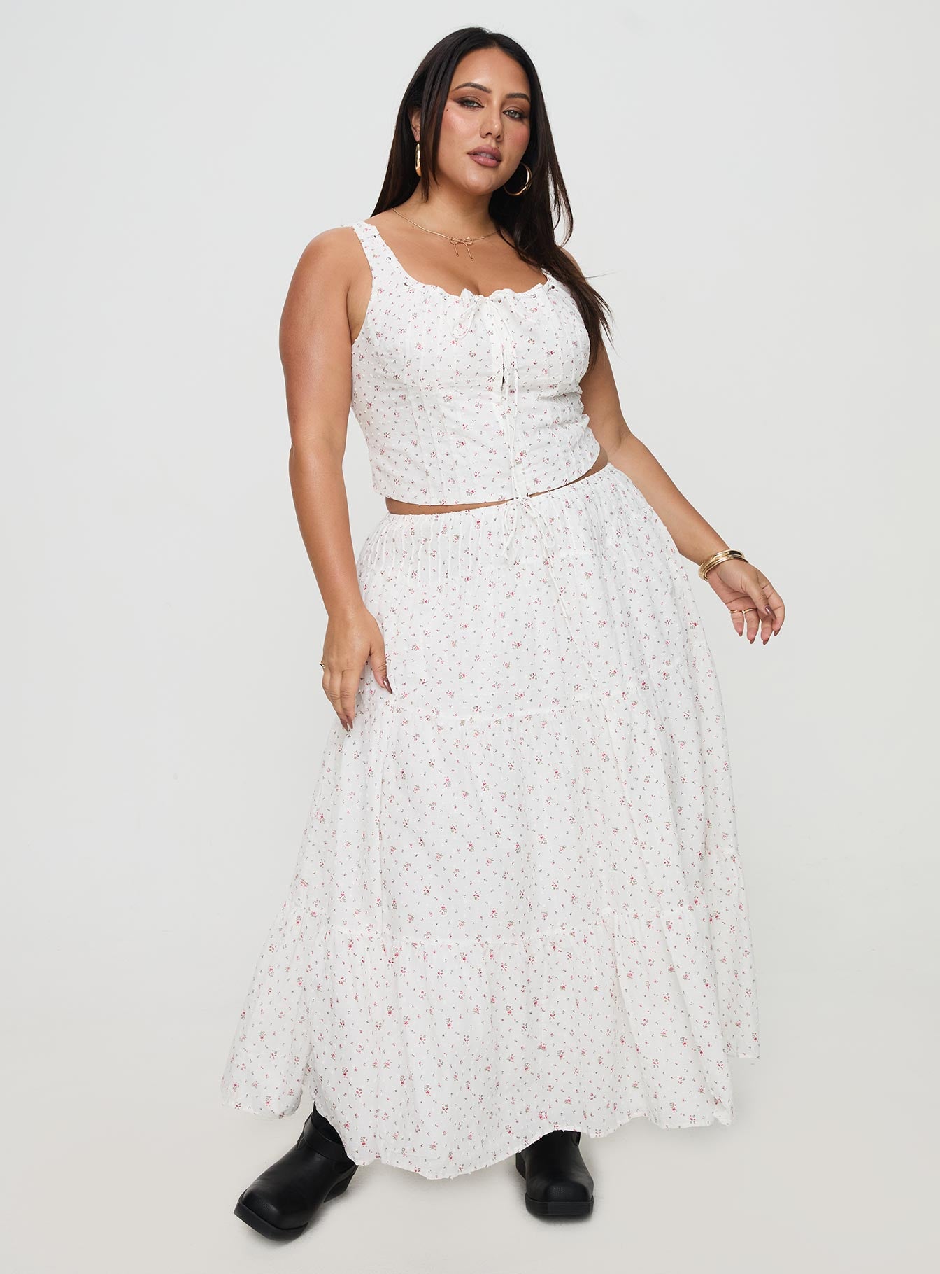 Cherry On Top Maxi Skirt White Floral Curve-Oh Mollys
