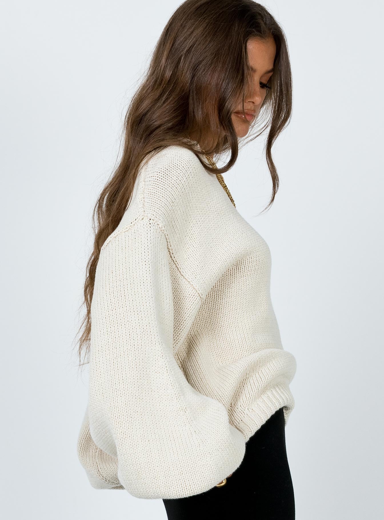 Harmony Balloon Sleeve Knit Sweater Beige-Oh Mollys
