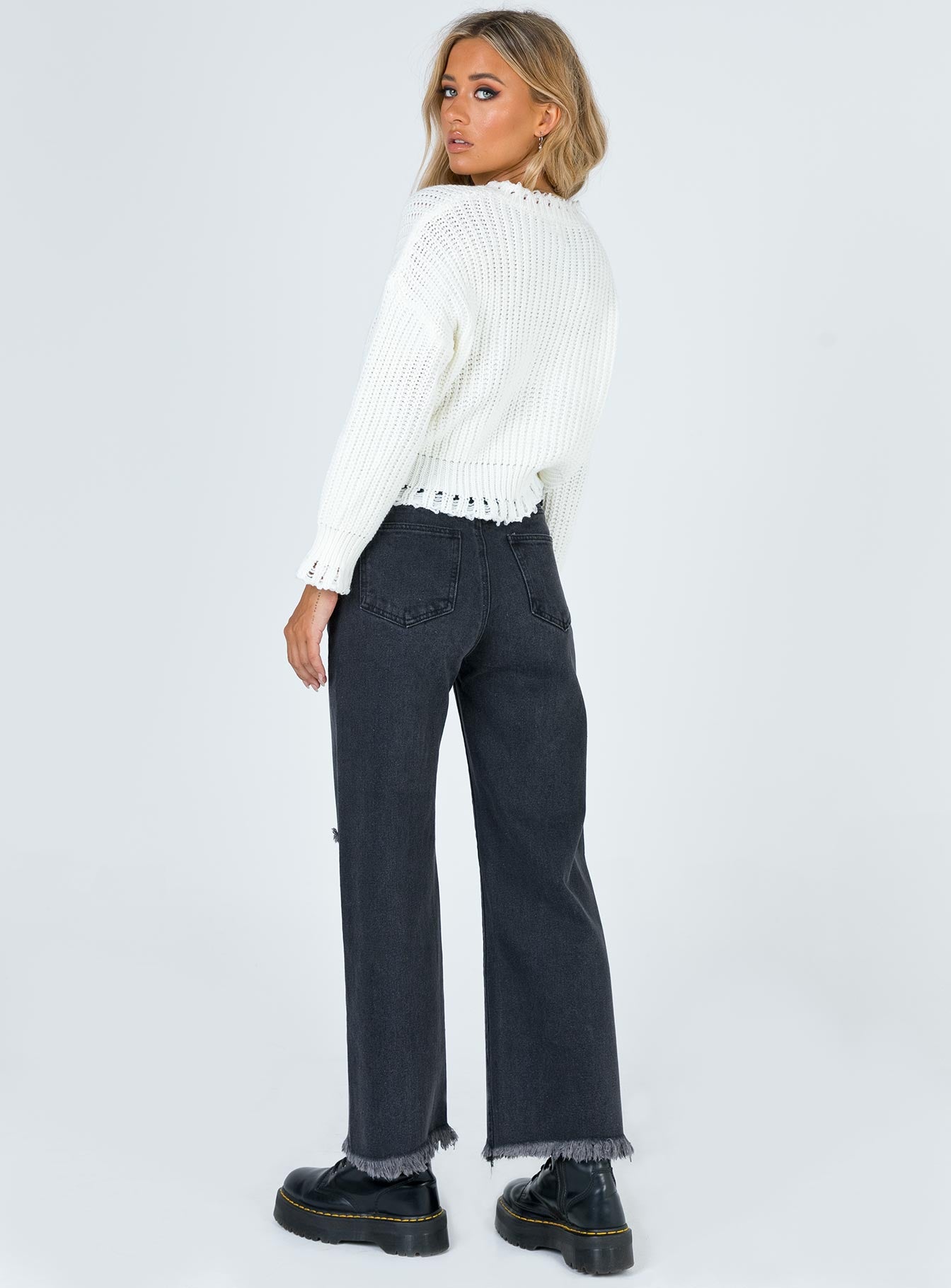 Cece Hammer Wide Leg Knee Rip Jeans Black Denim-Oh Mollys