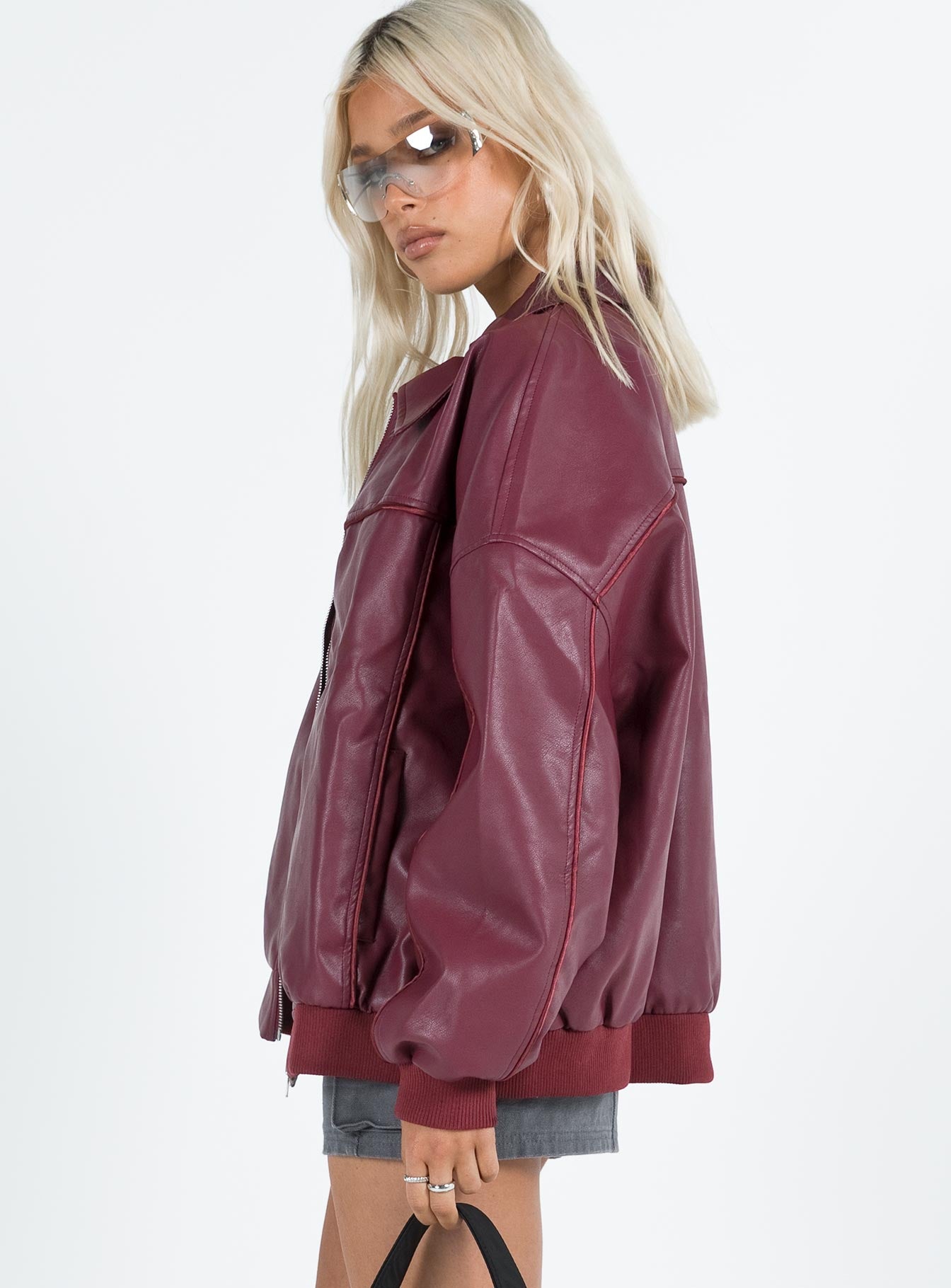Goldsmith Faux Leather Bomber Jacket Burgundy-Oh Mollys