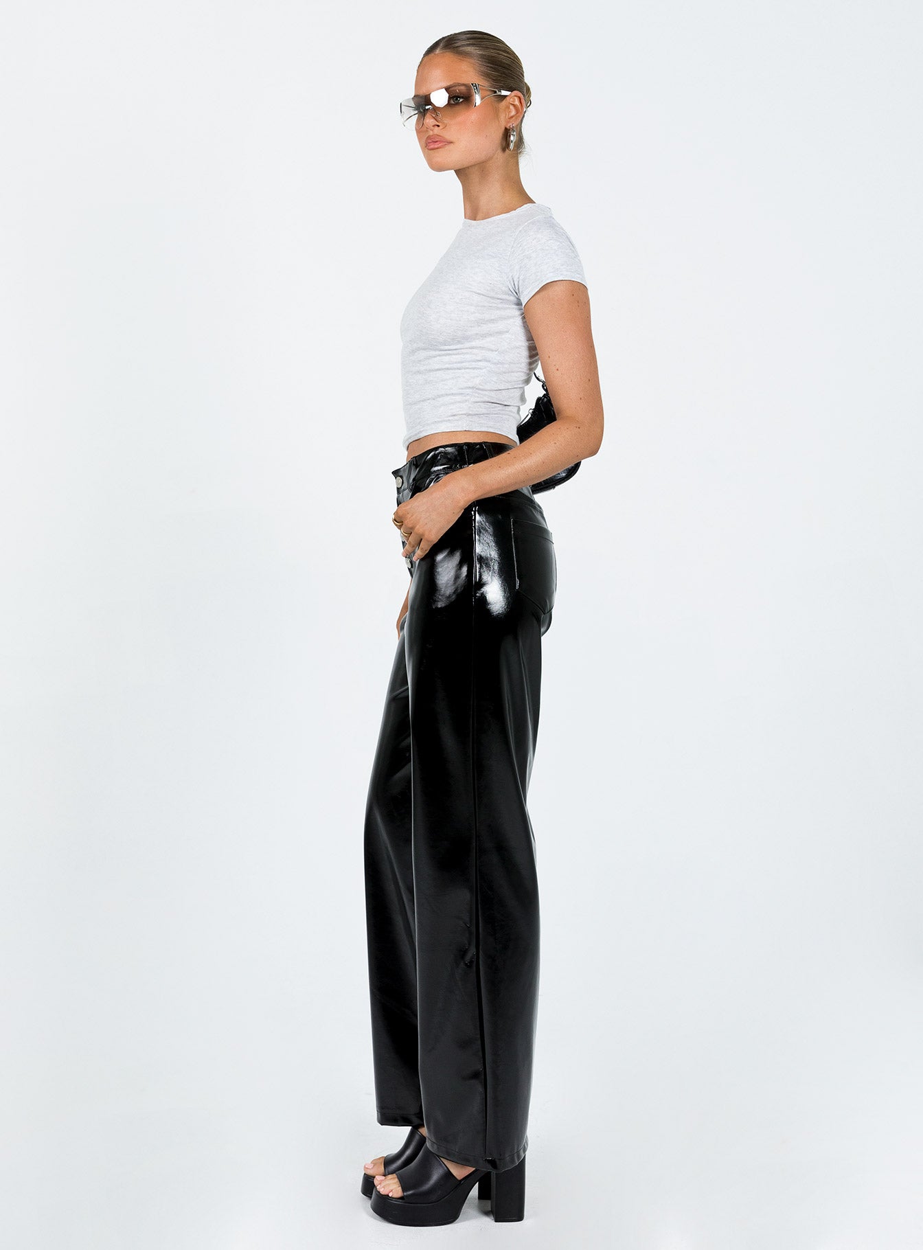 Renni Low Rise Vinyl Pants Black-Oh Mollys