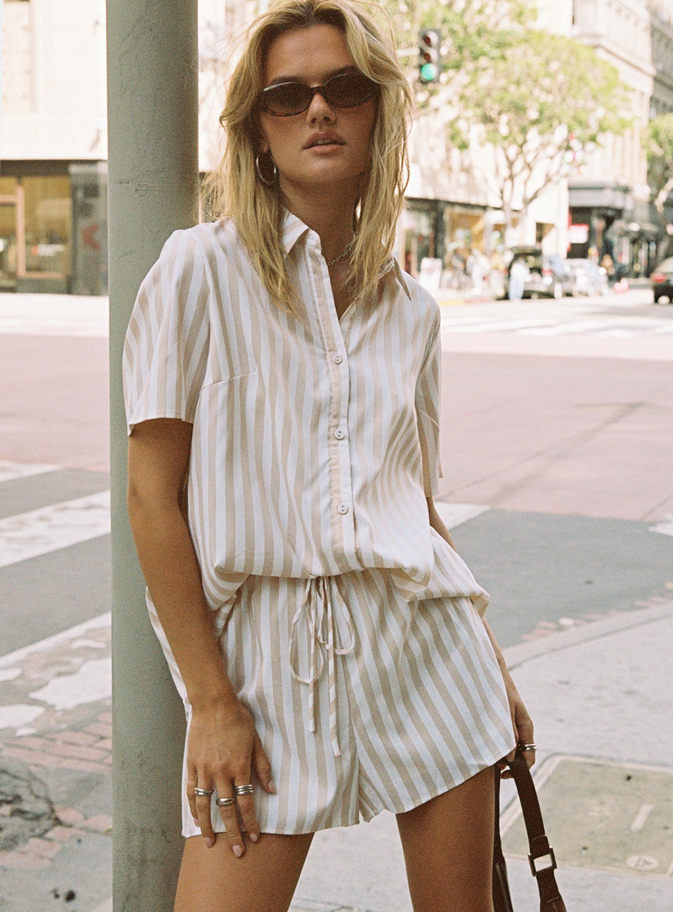 Chloe Short Sleeve Set Beige Stripe-Oh Mollys