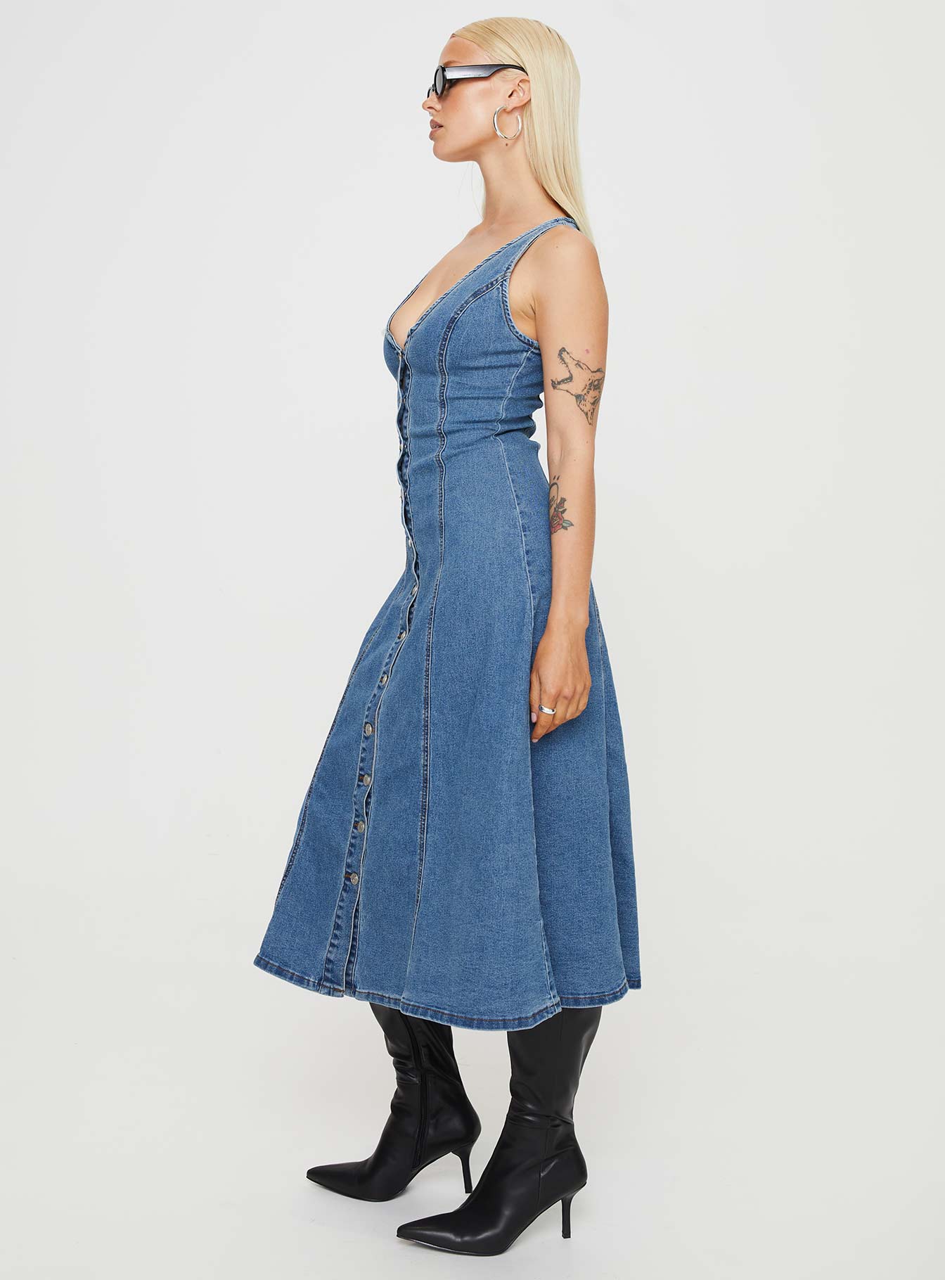 Midler Denim Midi Dress Mid Blue-Oh Mollys