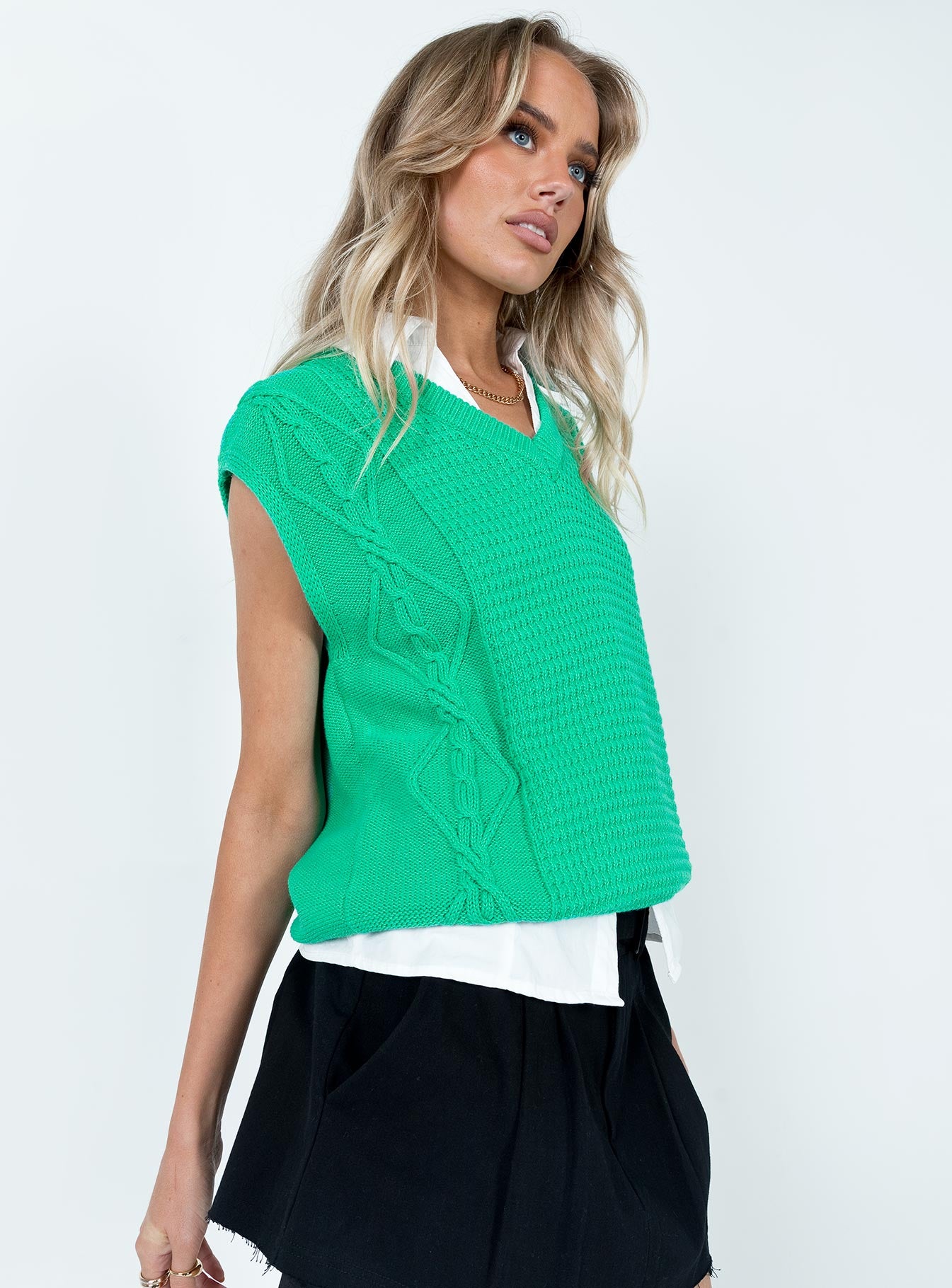 Cotton Carey Sweater Vest Green-Oh Mollys