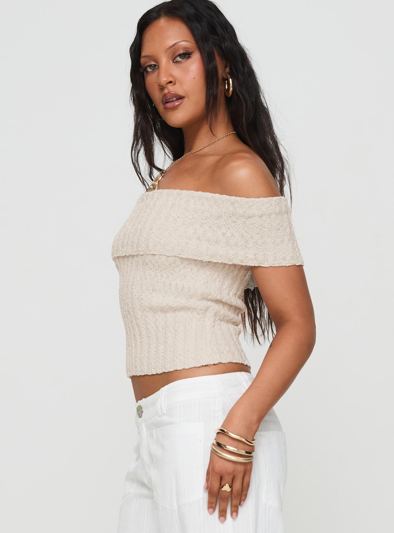 Murmur Off Shoulder Top Beige-Oh Mollys