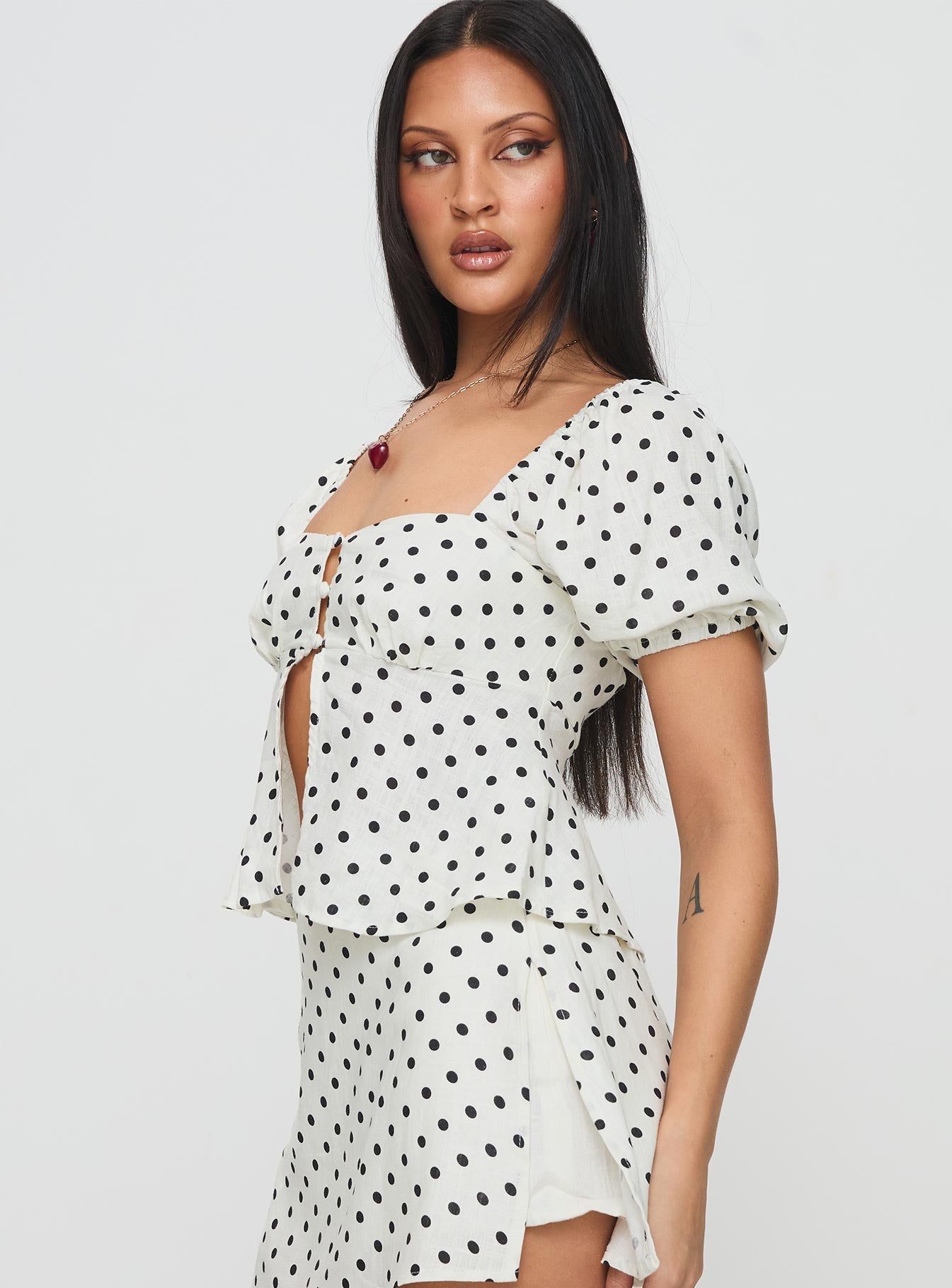 Passionfruit Linen Blend Top Cream/Black Polka Dot-Oh Mollys