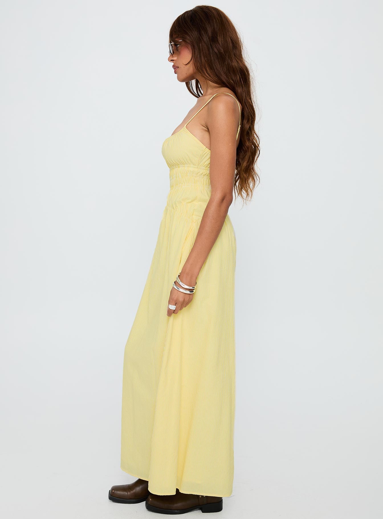 Magnolie Shirred Maxi Dress Yellow Stripe-Oh Mollys