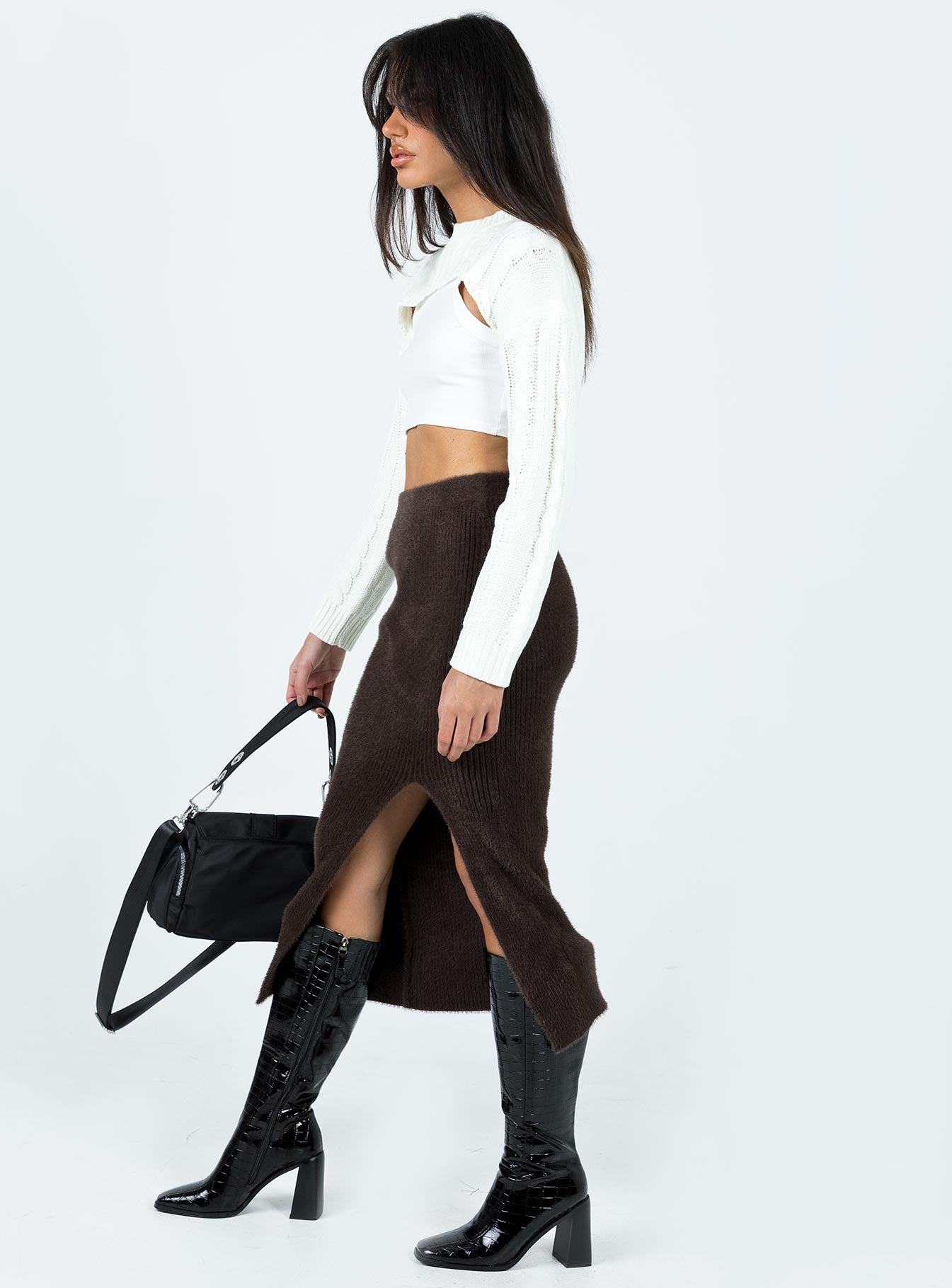 Ella Brooke Knit Midi Skirt Brown-Oh Mollys