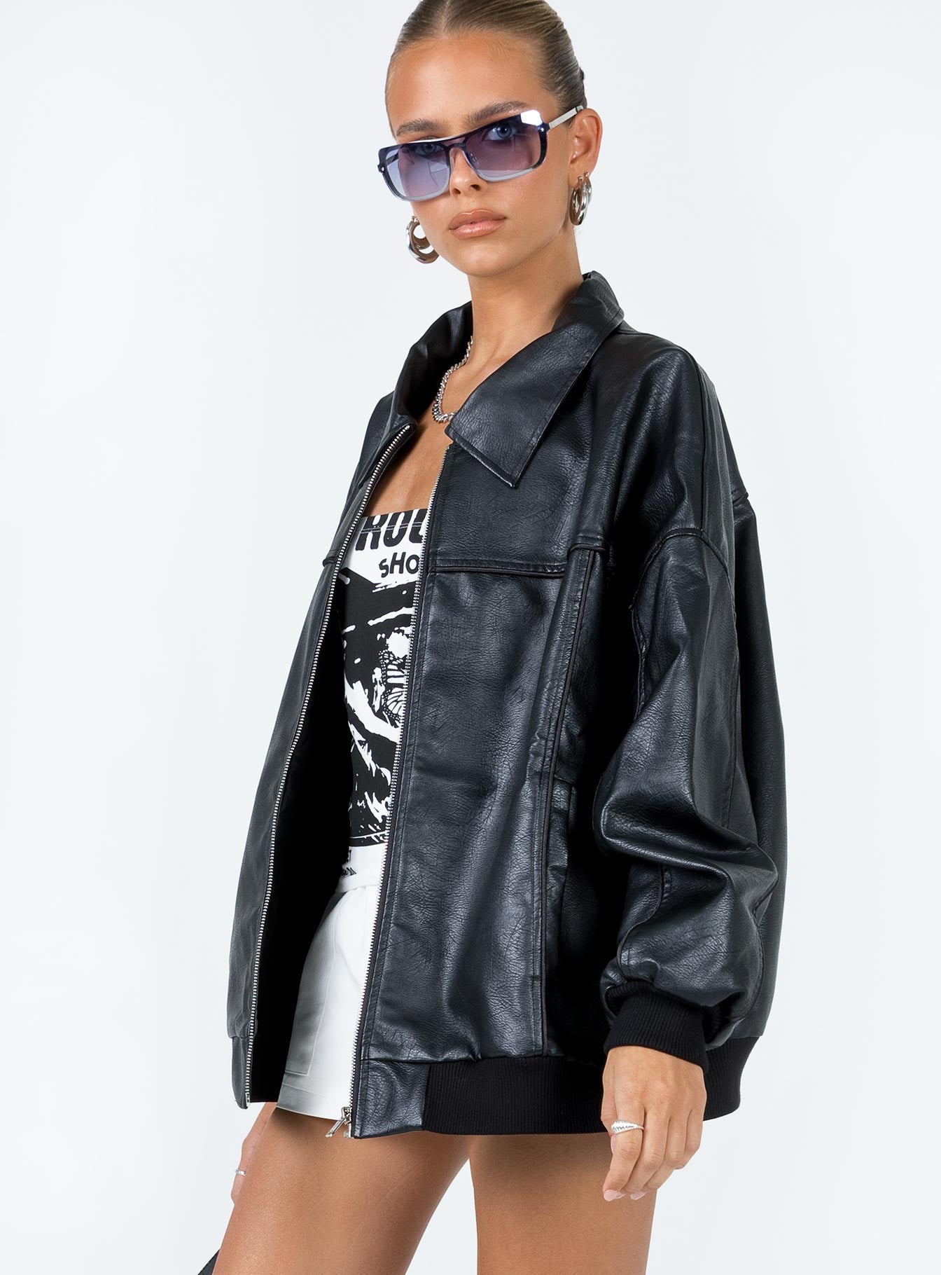 Goldsmith Faux Leather Bomber Jacket Black-Oh Mollys