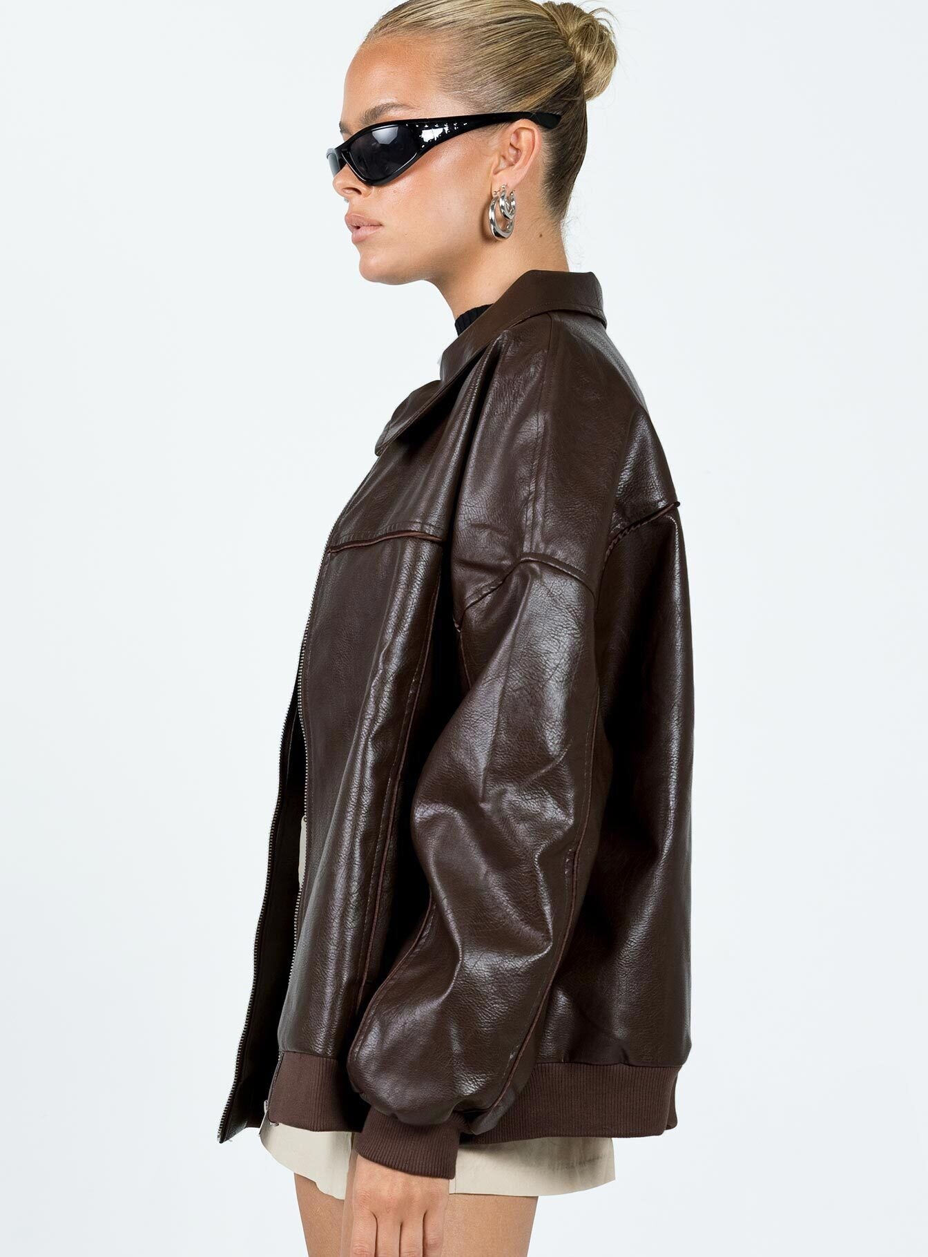 Goldsmith Faux Leather Bomber Jacket Brown-Oh Mollys