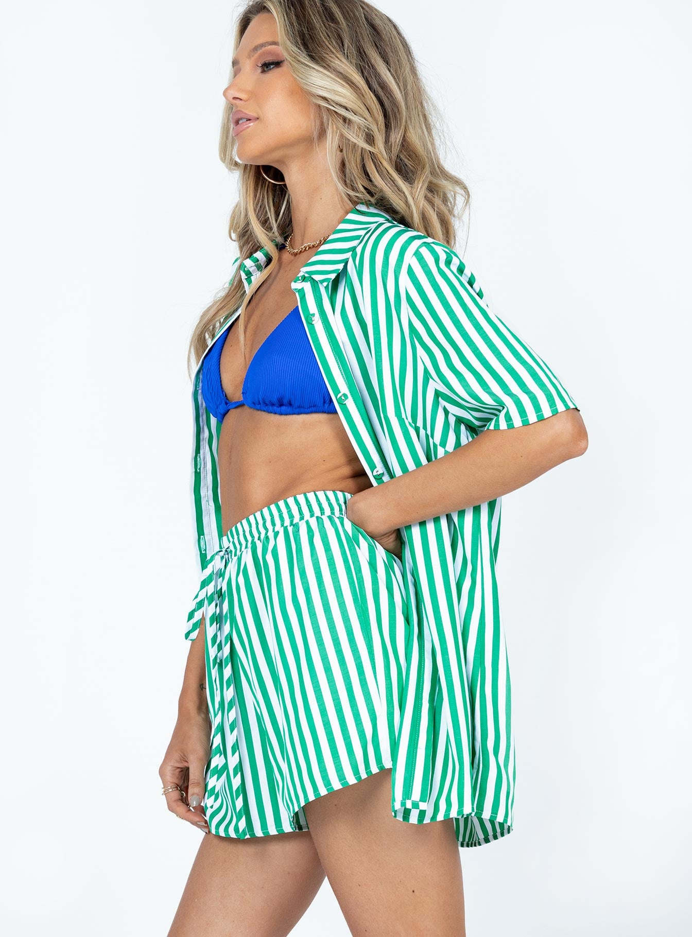 Chloe Short Sleeve Set Green Stripe-Oh Mollys