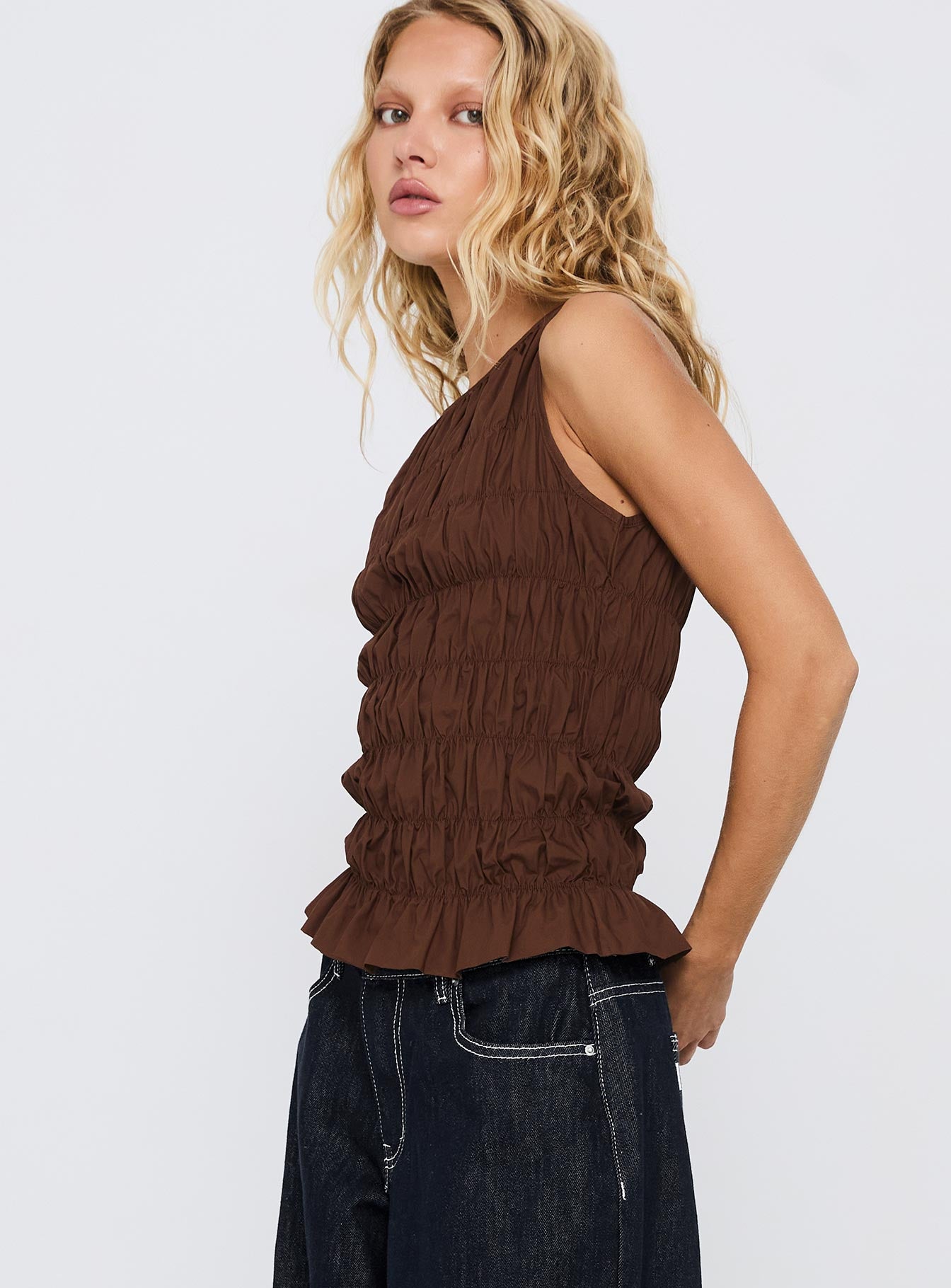 Marleene Shirred Top Chocolate-Oh Mollys